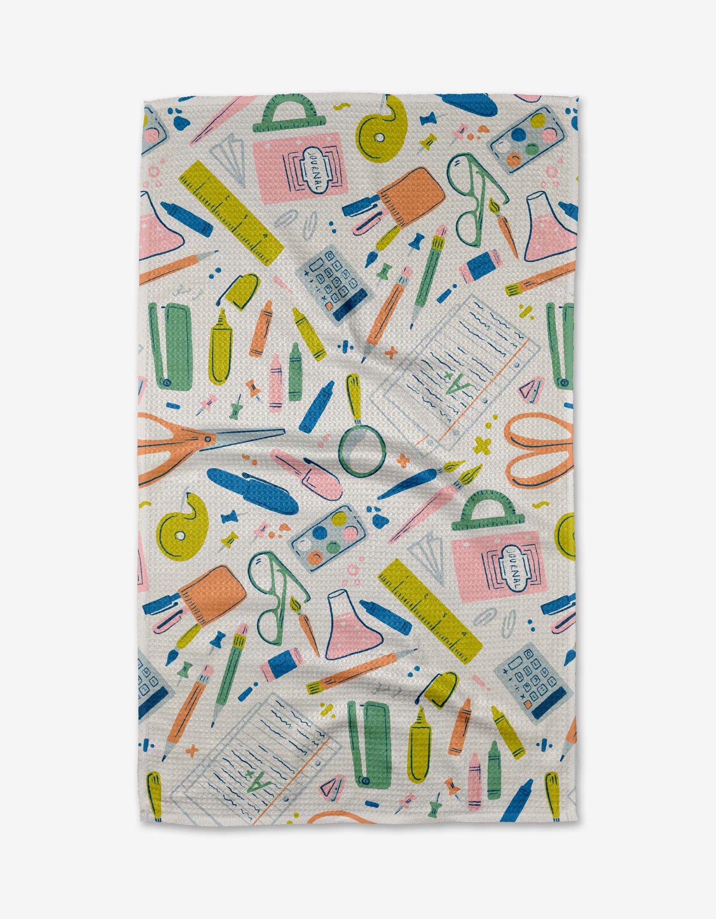 The School Days Light tea towel by Amy MacCready features a playful school supplies pattern on white eco-friendly Geoweave fabric.