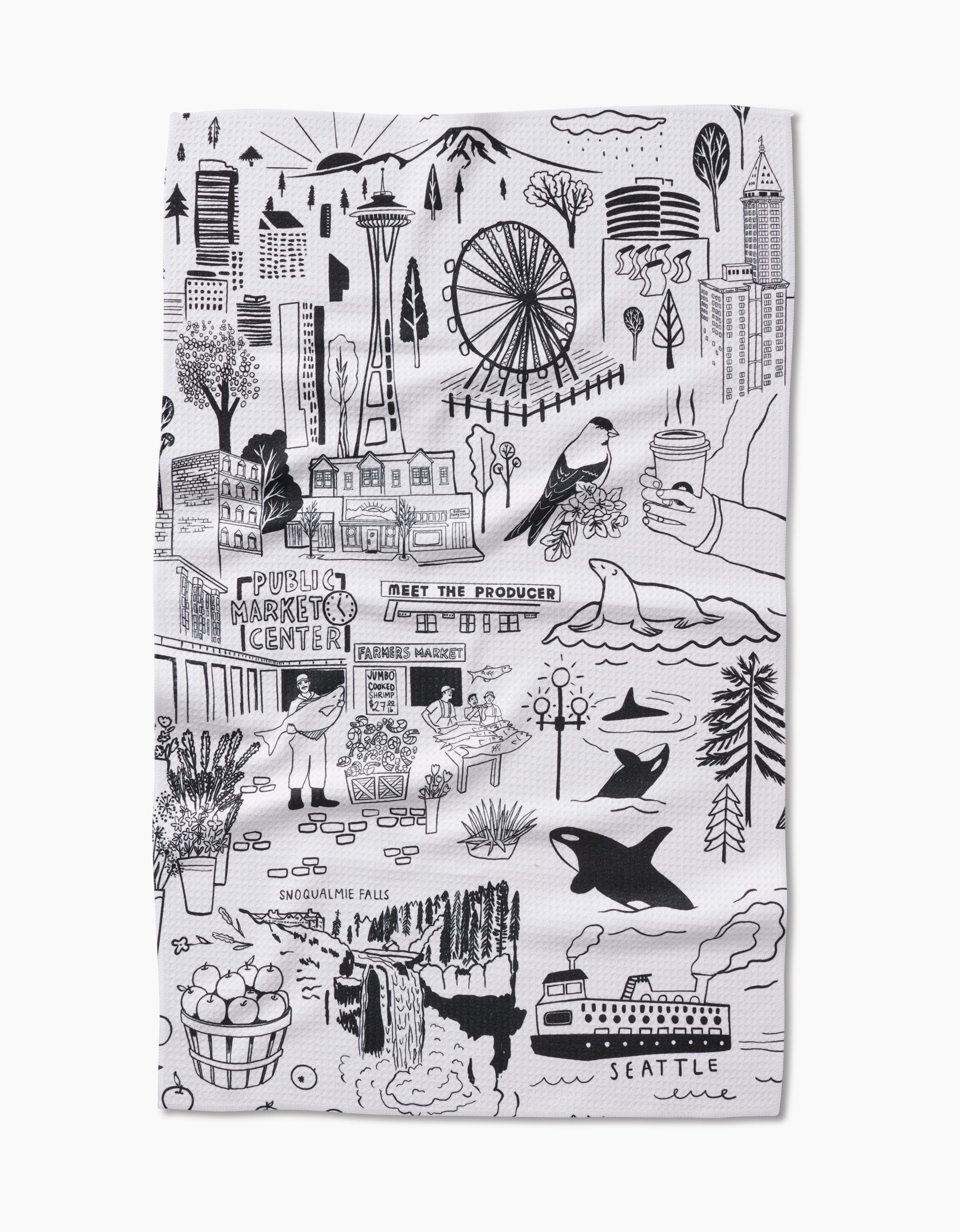 The Seattle Tea Towel by Elisabeth Wing features black and white hand-drawn illustrations of city landmarks, local foods, and coffee. Made with recycled materials for eco-friendly charm.