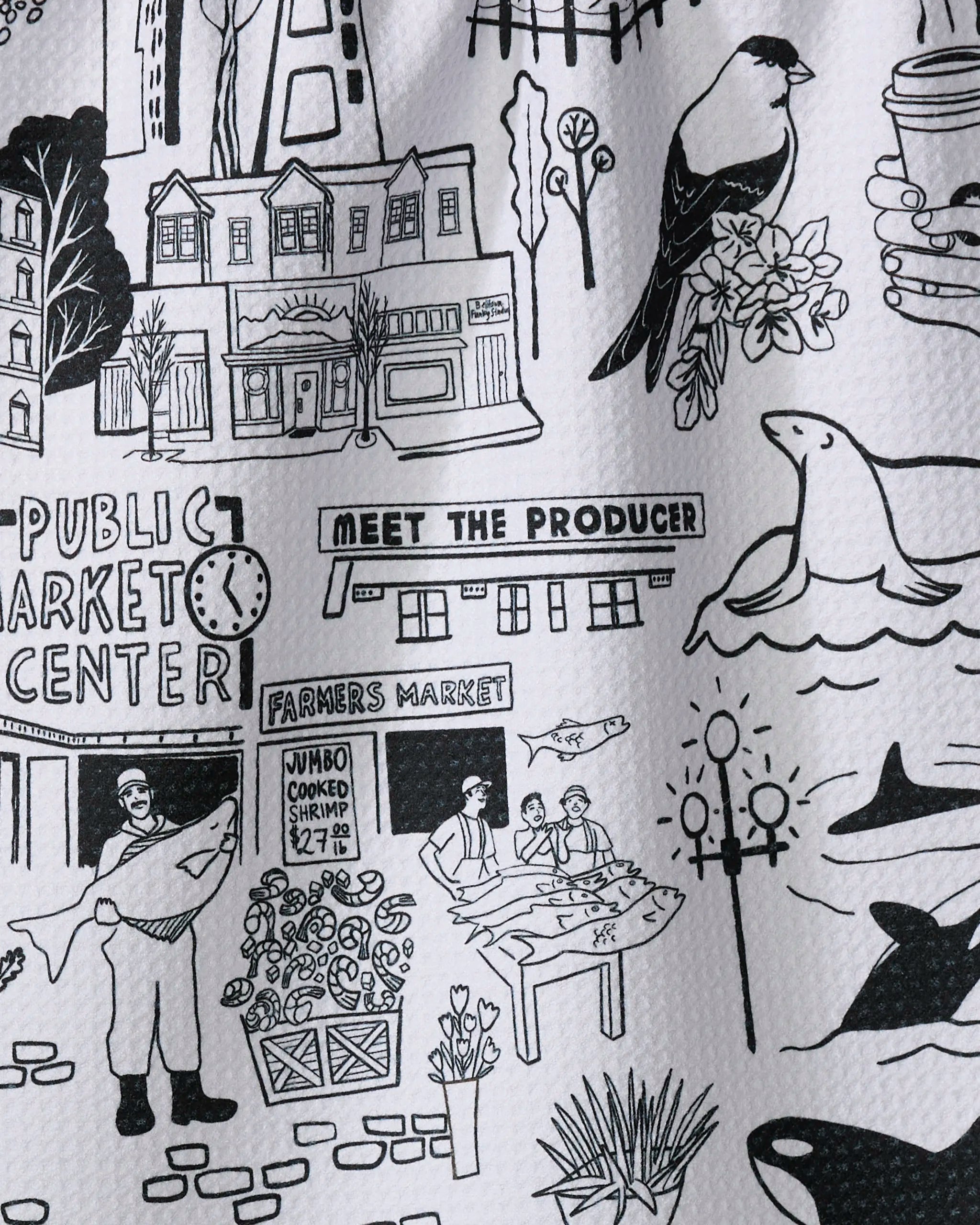 Black and white line drawing of a lively public market scene in Seattle by Elisabeth Wing—local produce, flowers, birds, and more. Perfect for a recycled-material kitchen tea towel.