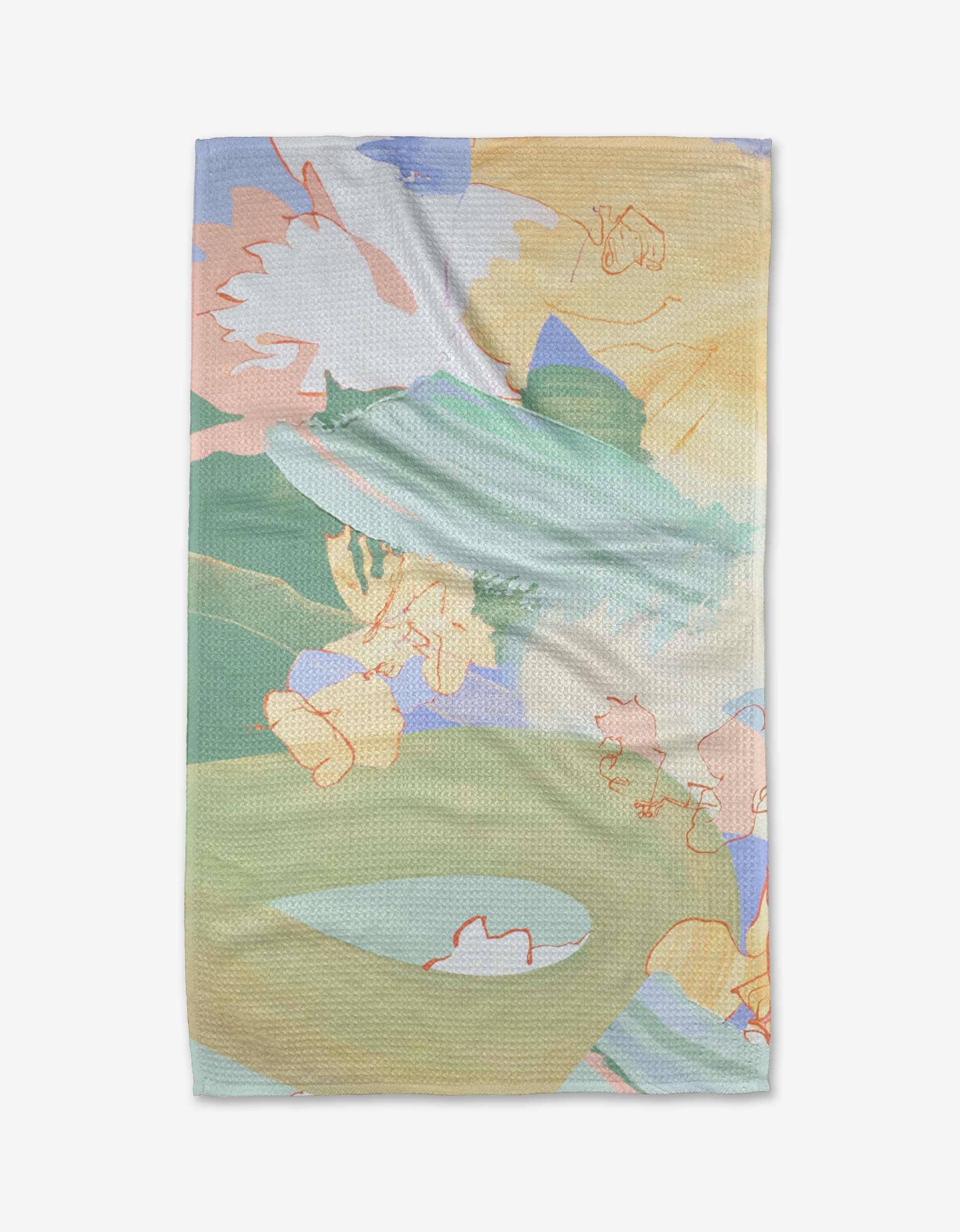 The Secret Fort blanket by Kristina Baker features a soft texture made from recycled materials, showcasing an abstract pattern in pastel green, yellow, blue, pink, and white with fluid shapes. It is pictured laid flat on a white background.