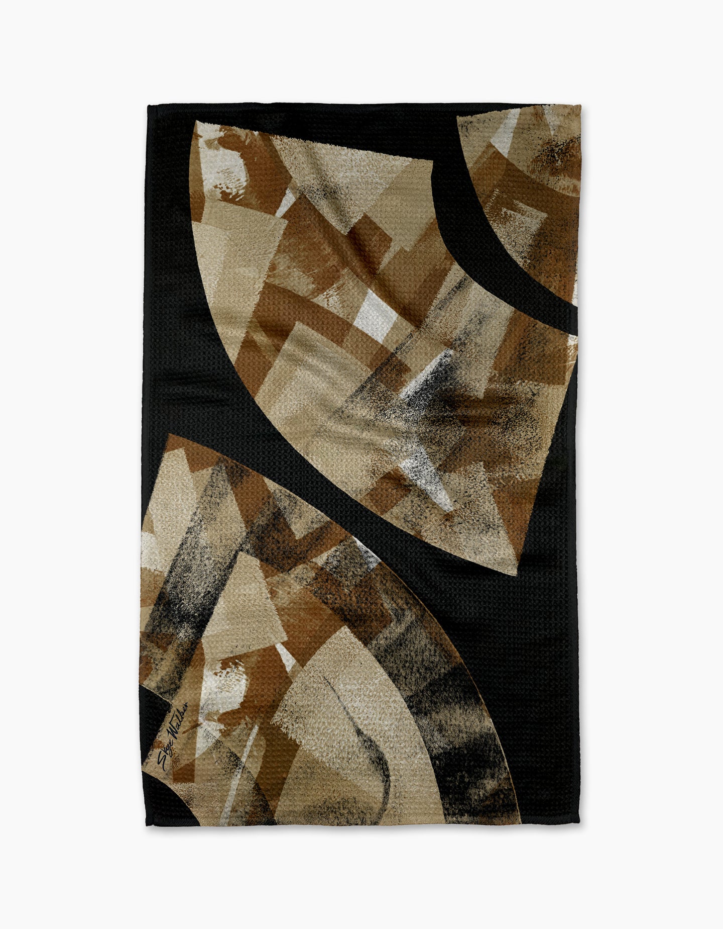 The Sepia Shift tea towel by Skye Walker features an abstract design with black, brown, beige, and tan tones. Overlapping shapes create a dynamic modern look on a black background—a stylish accent for any kitchen.