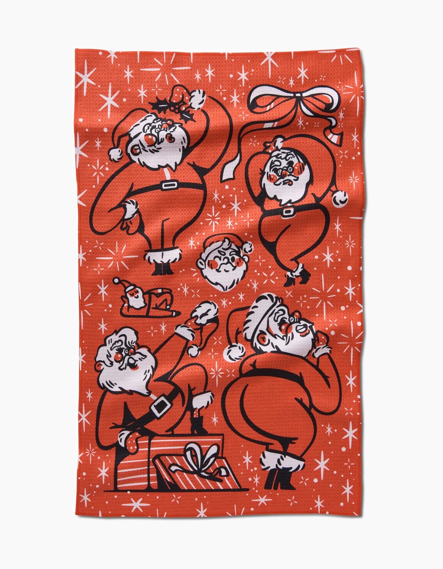The Carly Berry Sexy Santa tea towel features playful vintage-style Santa Claus illustrations in various poses, surrounded by white stars and presents, on a vibrant red background.