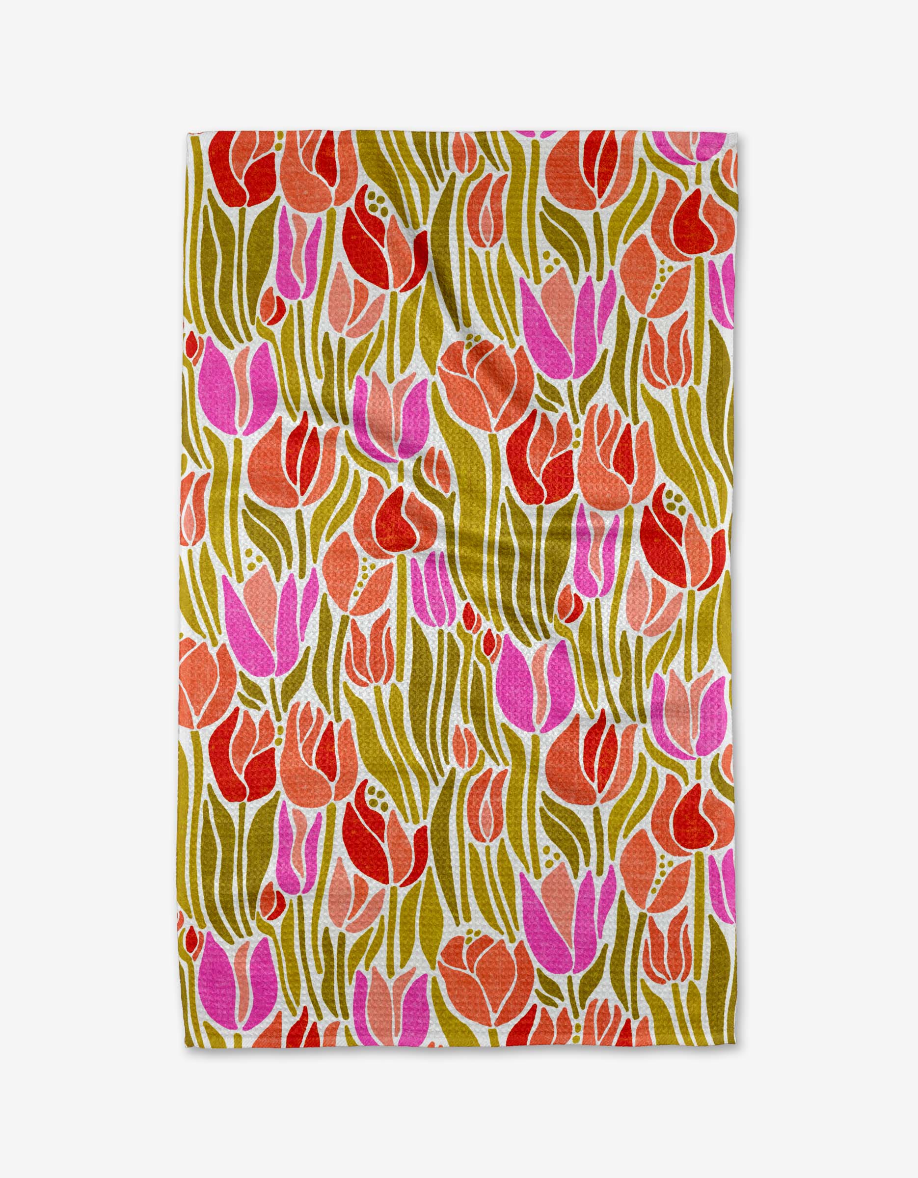 The Sidney tea towel by Amy MacCready features a vibrant red and pink tulip pattern with green stems and leaves on a yellow background. Made from recycled materials, its bold Geoweave™ design covers the entire fabric.