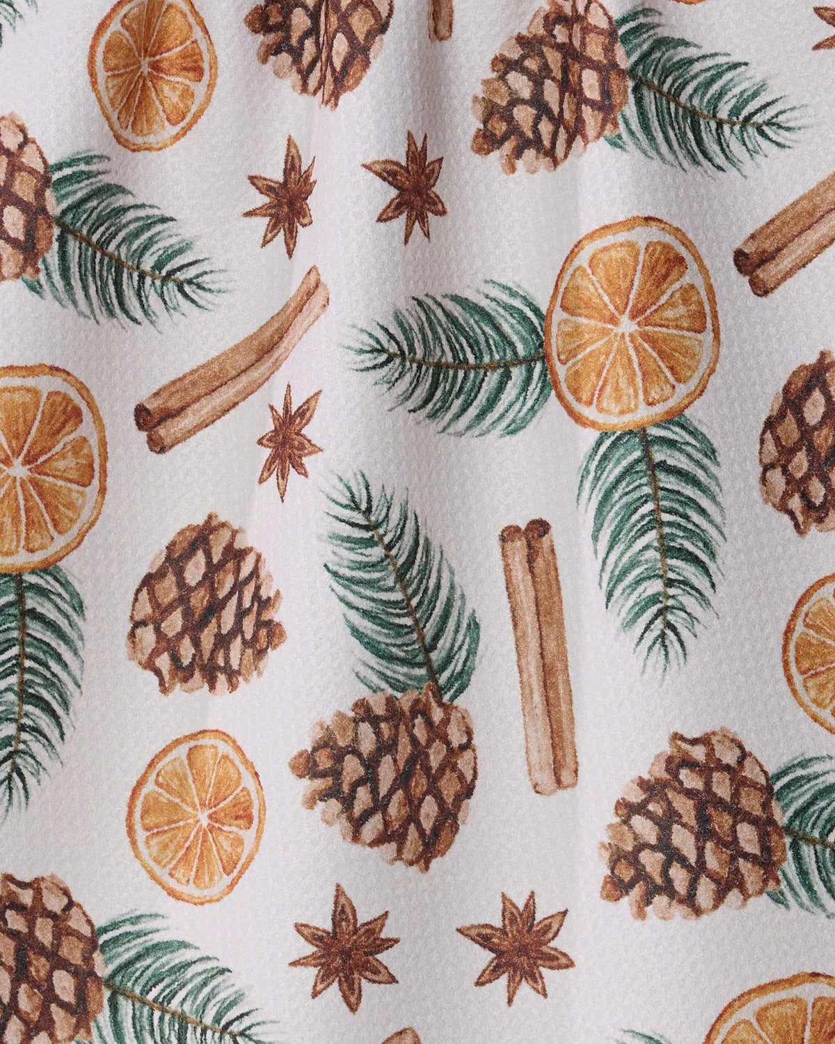 Bring nature-inspired charm to your kitchen with the “Simmer Pot” tea towel by Geometry, featuring a beautiful watercolor pattern of pinecones, cinnamon sticks, orange slices, star anise, and pine needles on a white textured background—perfect for a recycled or ultra-absorbent towel that elevates both style and sustainability.