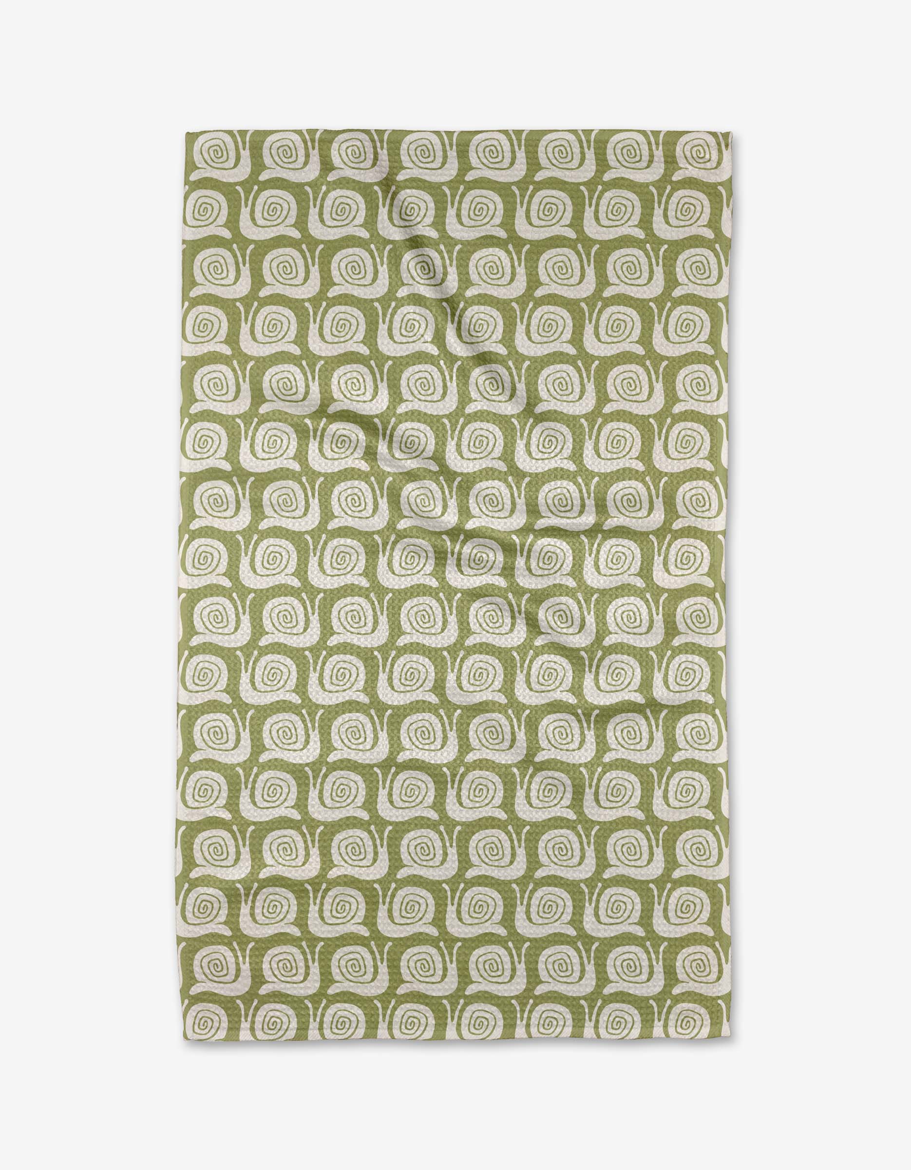 The Snail Party rug by Kayla Ann is a rectangular green piece made from recycled materials, featuring neat rows and columns of white spiral patterns.