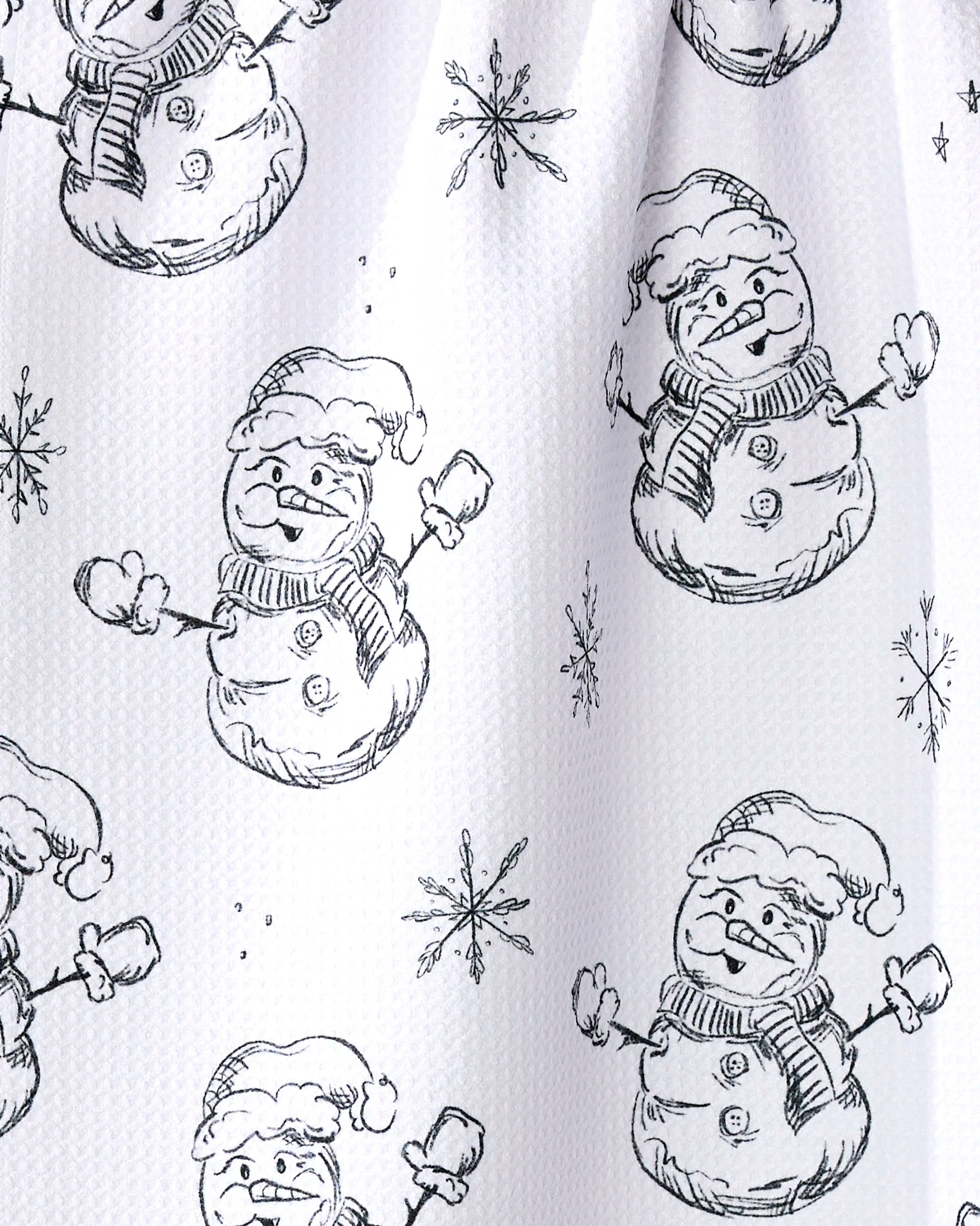 Snowmen Charcoal by Aubrey Fairchild features cheerful snowmen in scarves and Santa hats with popsicles, plus scattered snowflakes on a textured white background—ideal for festive tea towels made from recycled materials.