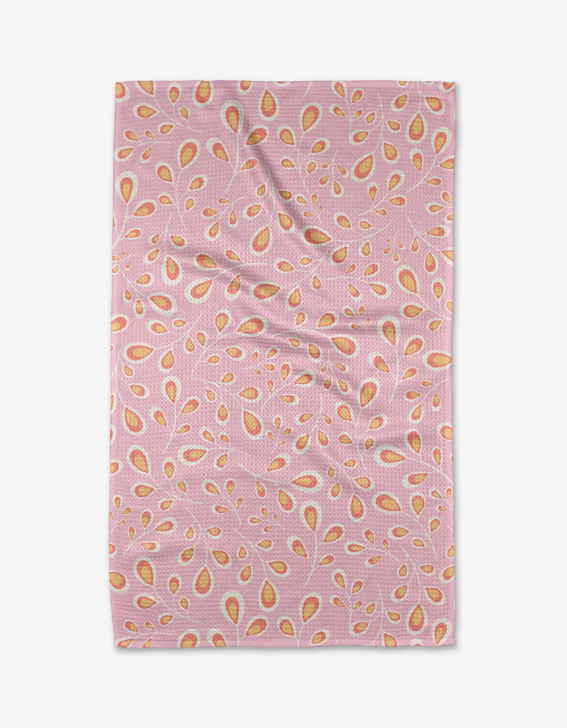 The Blissful Flamingo Springtime Wonders tea towel is pink and rectangular, with yellow and orange teardrop shapes and small leaves on soft Geoweave fabric, shown laid flat with gentle wrinkles.