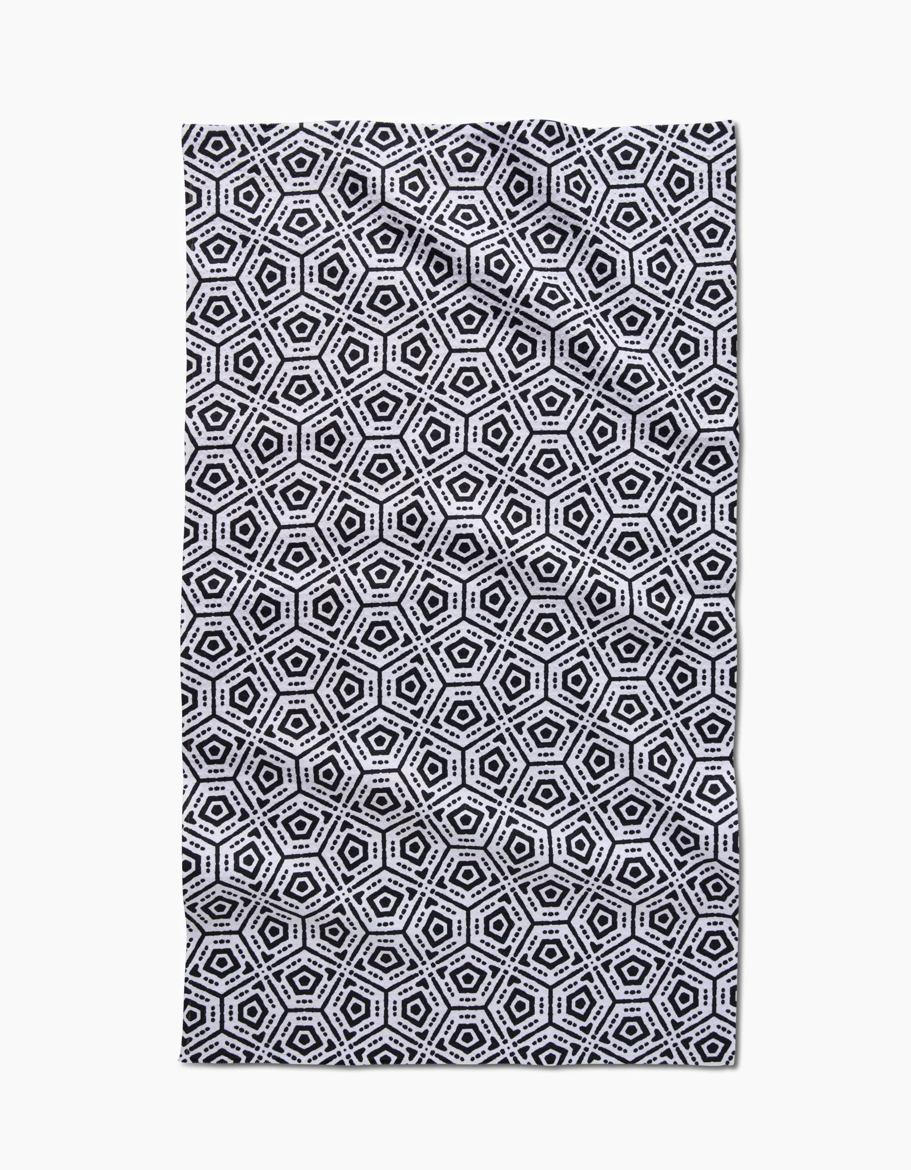 The Squeezebox by Katherine Berkeley is a rectangular tea towel with a black-and-white hexagonal honeycomb pattern on white, crafted from innovative Geoweave™ fabric for superior performance.