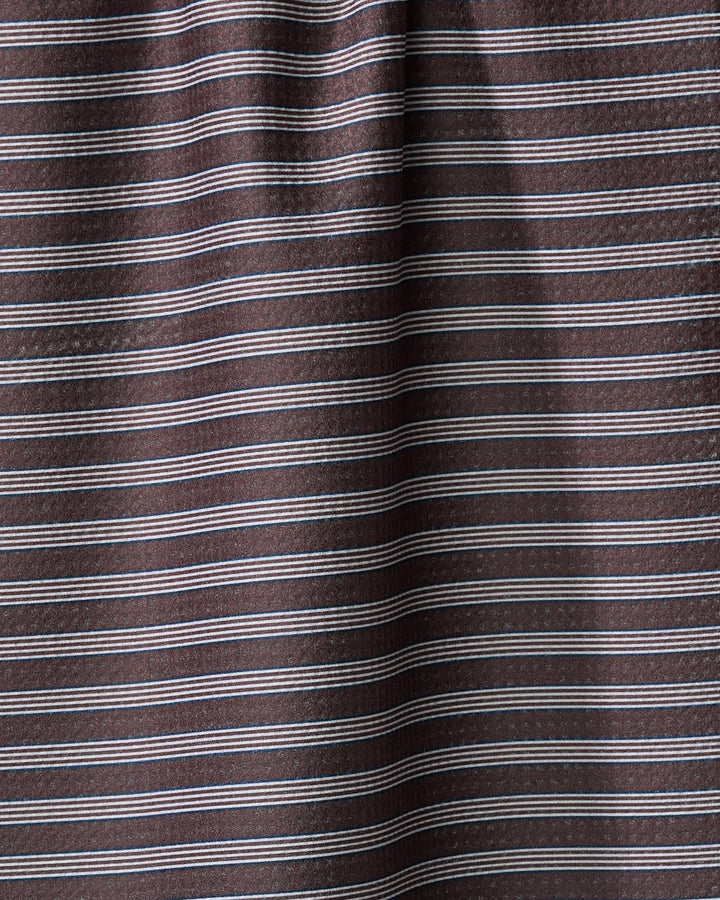 The Buy Guide’s Straight Across - Chocolate kitchen towel features brown fabric with thin, evenly spaced horizontal white stripes. Made from recycled materials, its subtle wrinkles create gentle folds and shadows.