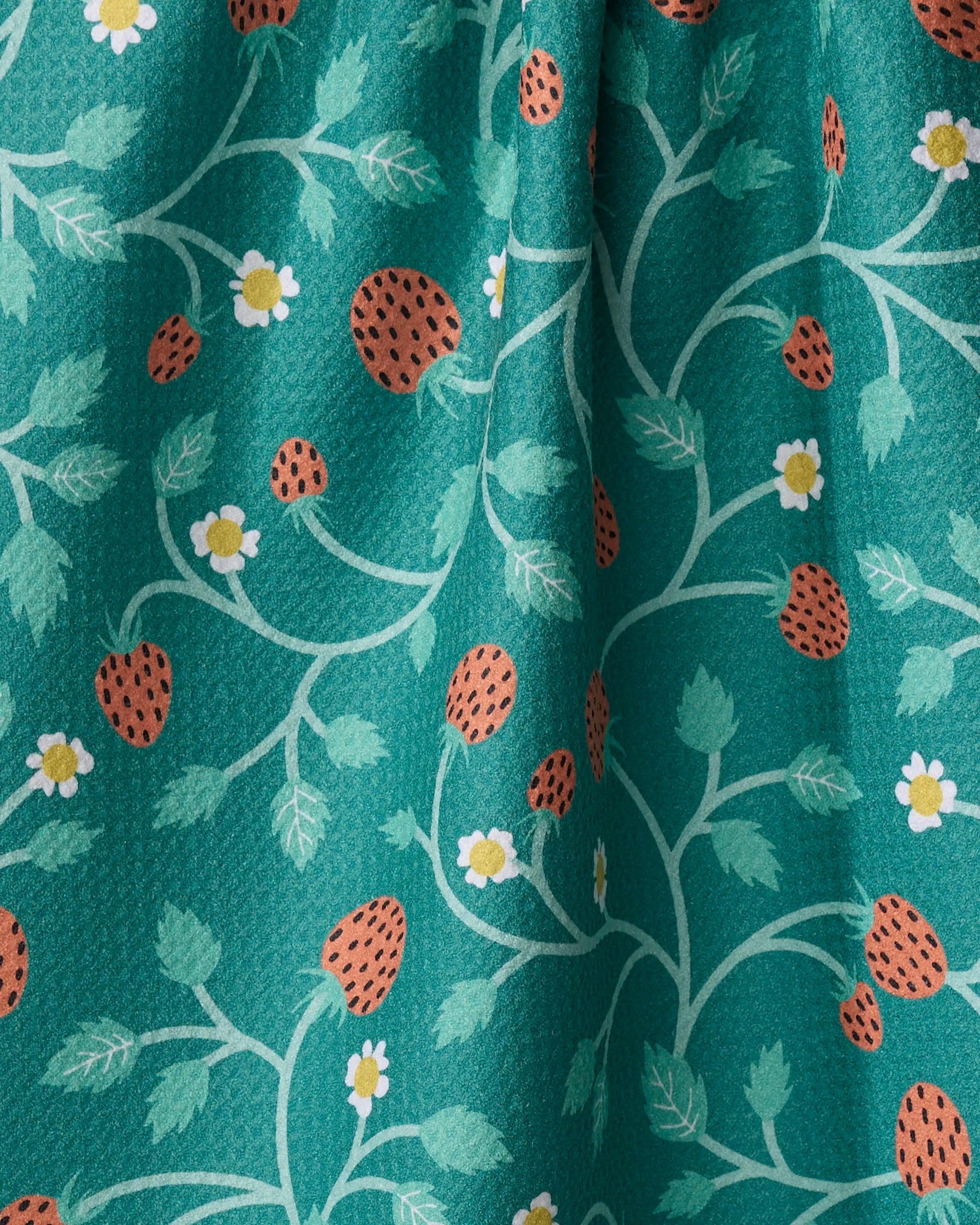 Strawberry Patch by Megan Kampa: a green ultra-absorbent towel made from recycled materials, featuring whimsical red strawberries, white and yellow flowers, and green leaves and vines in the nature-inspired design.