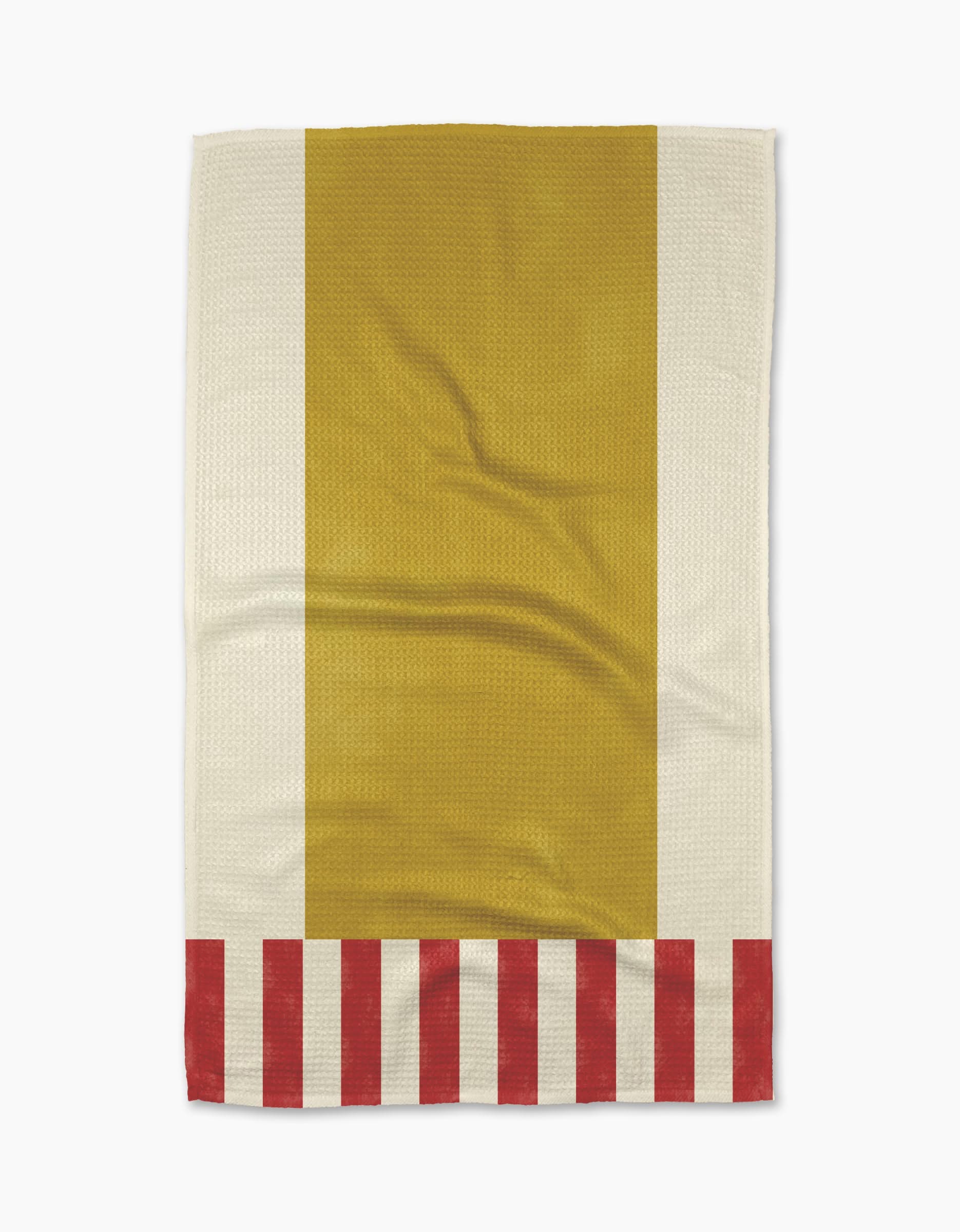 The Geometry Striped Heart Yellow tea towel features a bold vertical yellow center, off-white sides, red and off-white stripes along the bottom, and is crafted from sustainable recycled materials.