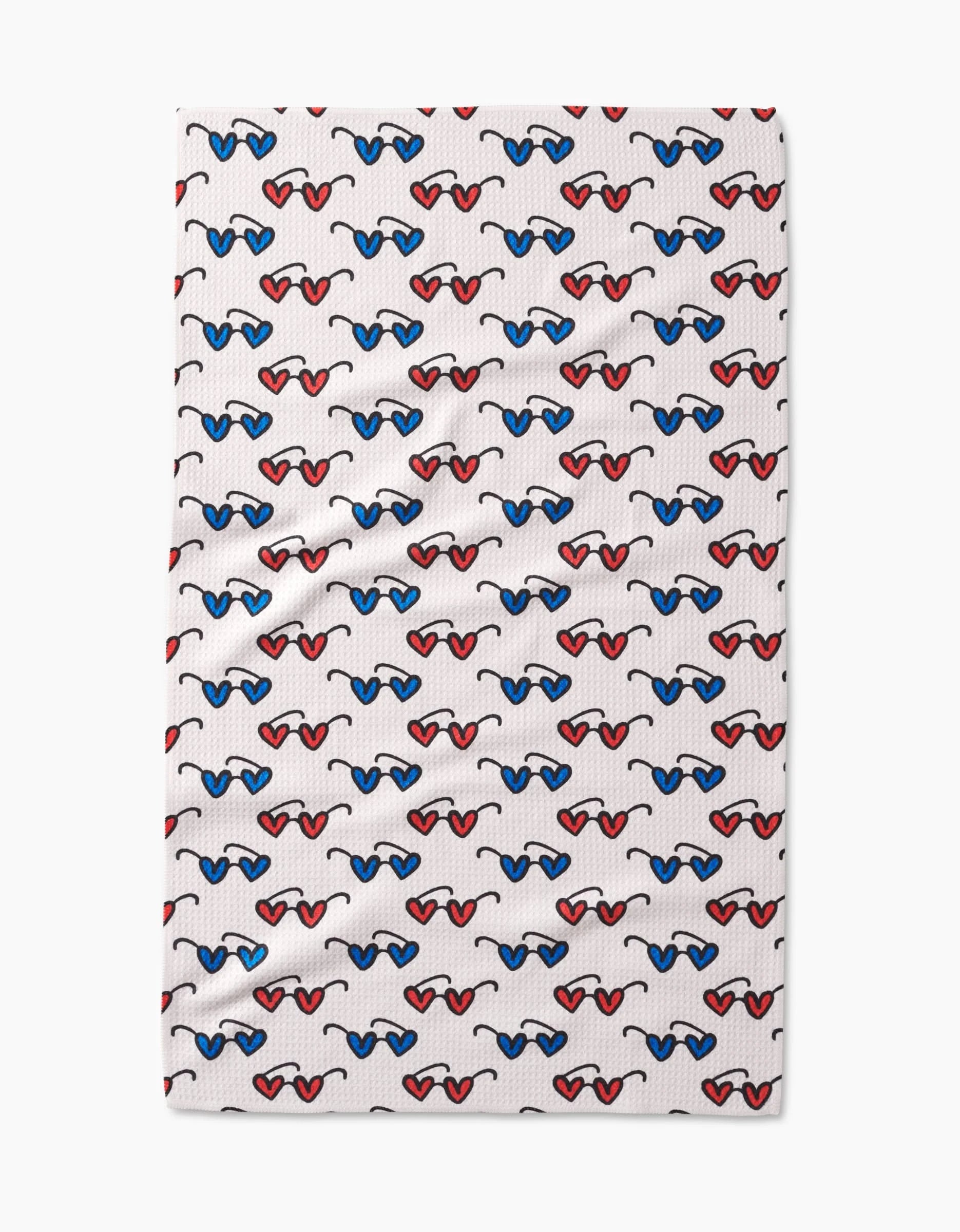 Summer Sunglasses by Kayla Ann feature ultra-absorbent Geoweave fabric with a repeating pattern of small blue and red hearts connected by black lines, neatly arranged in horizontal rows on a white background.