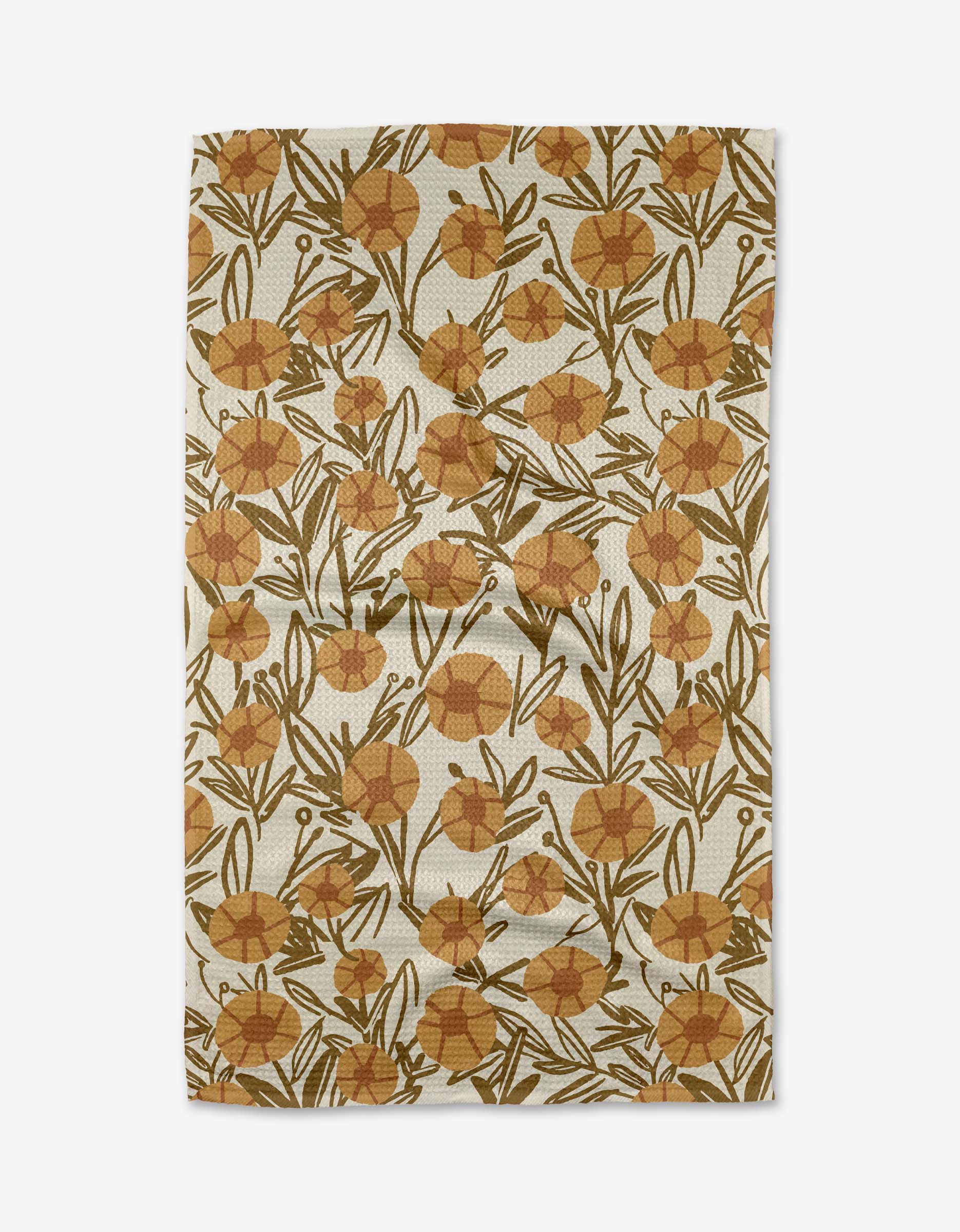 The Sunflower Fields tea towel by Janna Sue Design features an orange and yellow floral pattern with green leaves on white, crafted from recycled materials.