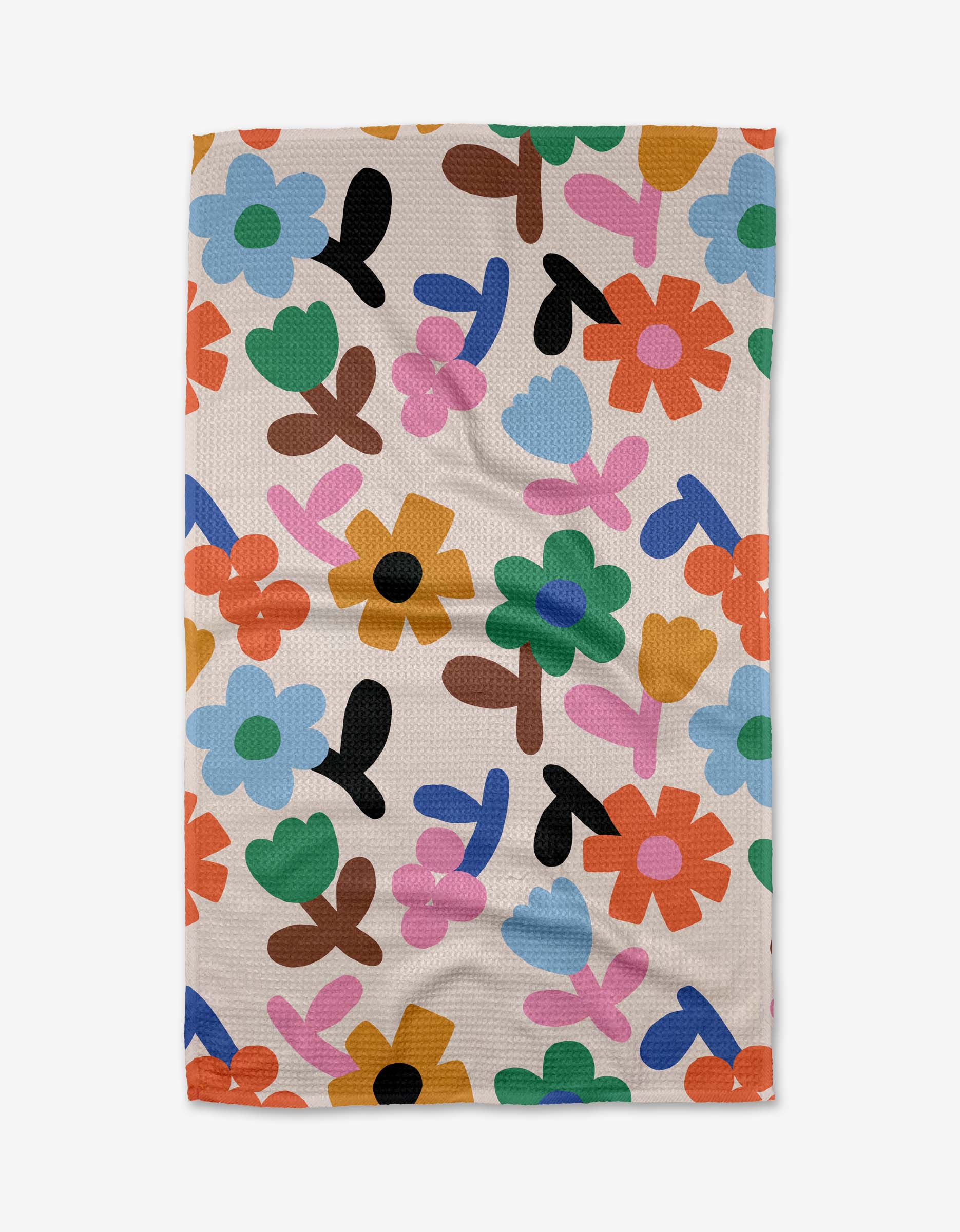 The Sunny Bloom tea towel by Jennifer Bouron features a colorful, abstract floral pattern in green, blue, orange, pink, red, black, and yellow on white. Made from ultra-absorbent recycled materials.
