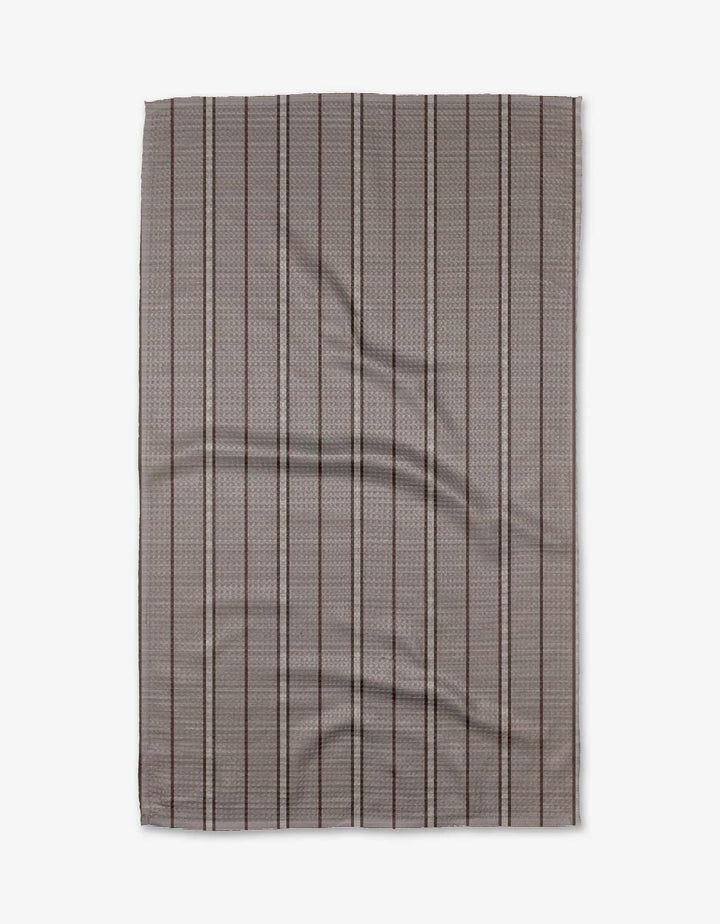 The Buy Guides Super Stripe - Chocolate is a rectangular, flat Geoweave fabric in gray with a subtle checkered pattern and thin, evenly spaced vertical black stripes, shown slightly wrinkled on a white background.