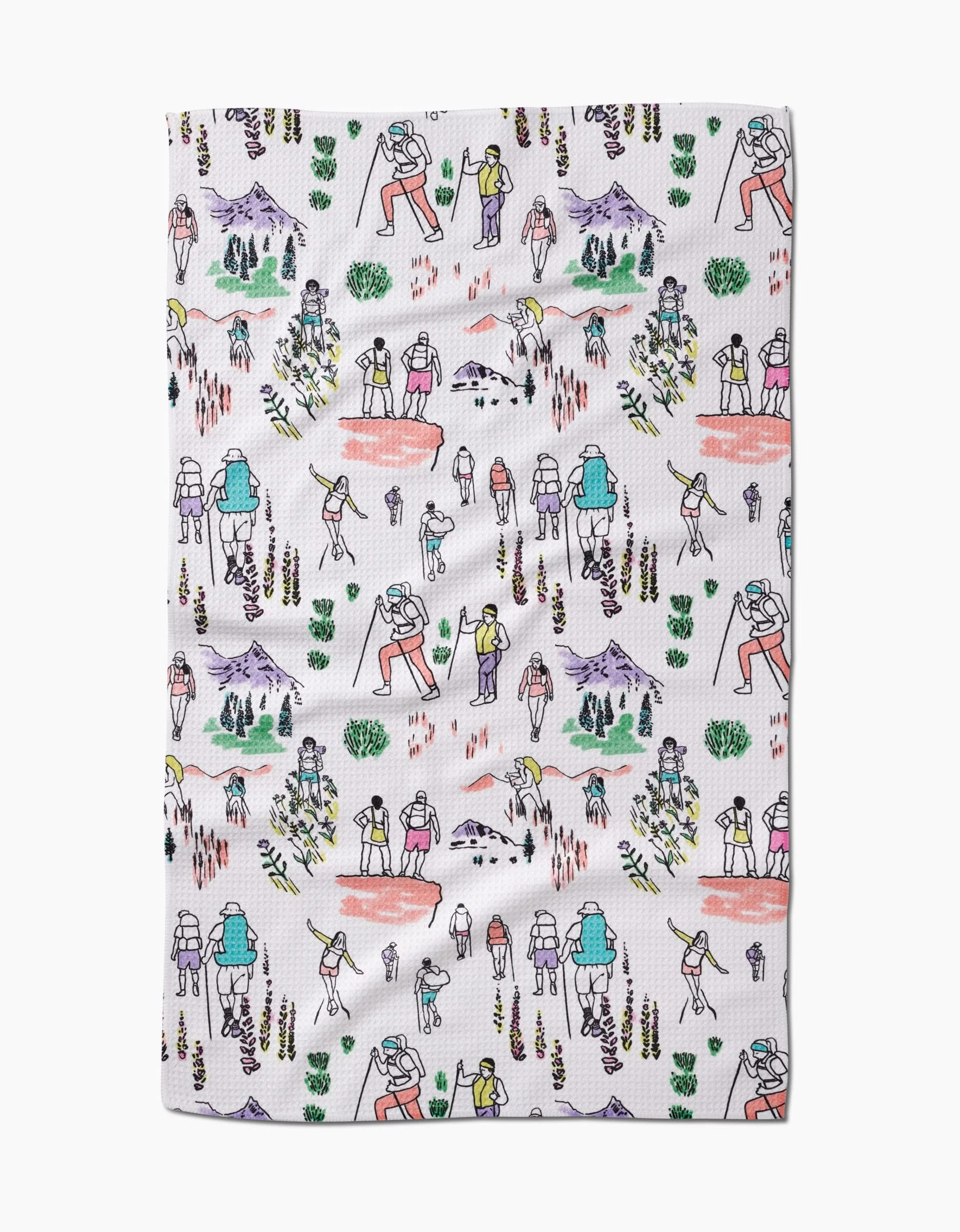 The Elisabeth Wing Take A Hike tea towel features a Geoweave fabric with colorful illustrations of hikers, mountains, trees, bushes, and trails on a white background, creating an outdoor adventure theme.