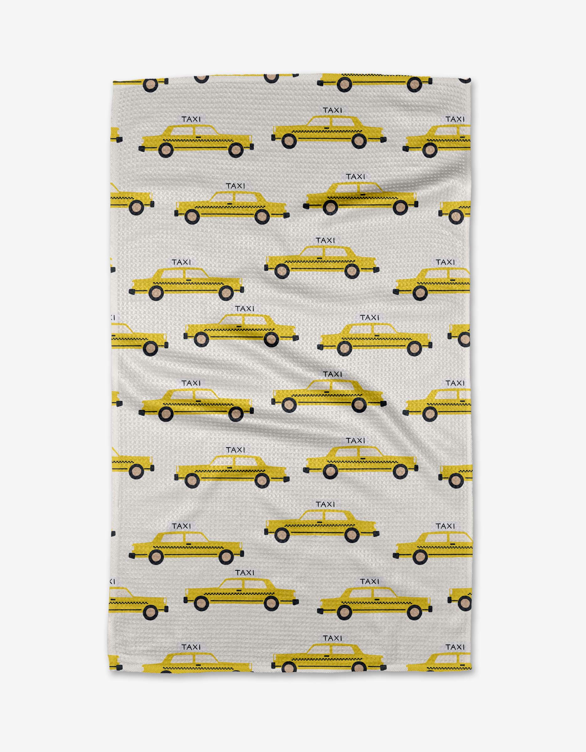 Taxi Cabs tea towel by Vaishali Design Studio: an ultra-absorbent white cloth with a neat horizontal pattern of yellow taxis featuring black wheels and TAXI on the side.