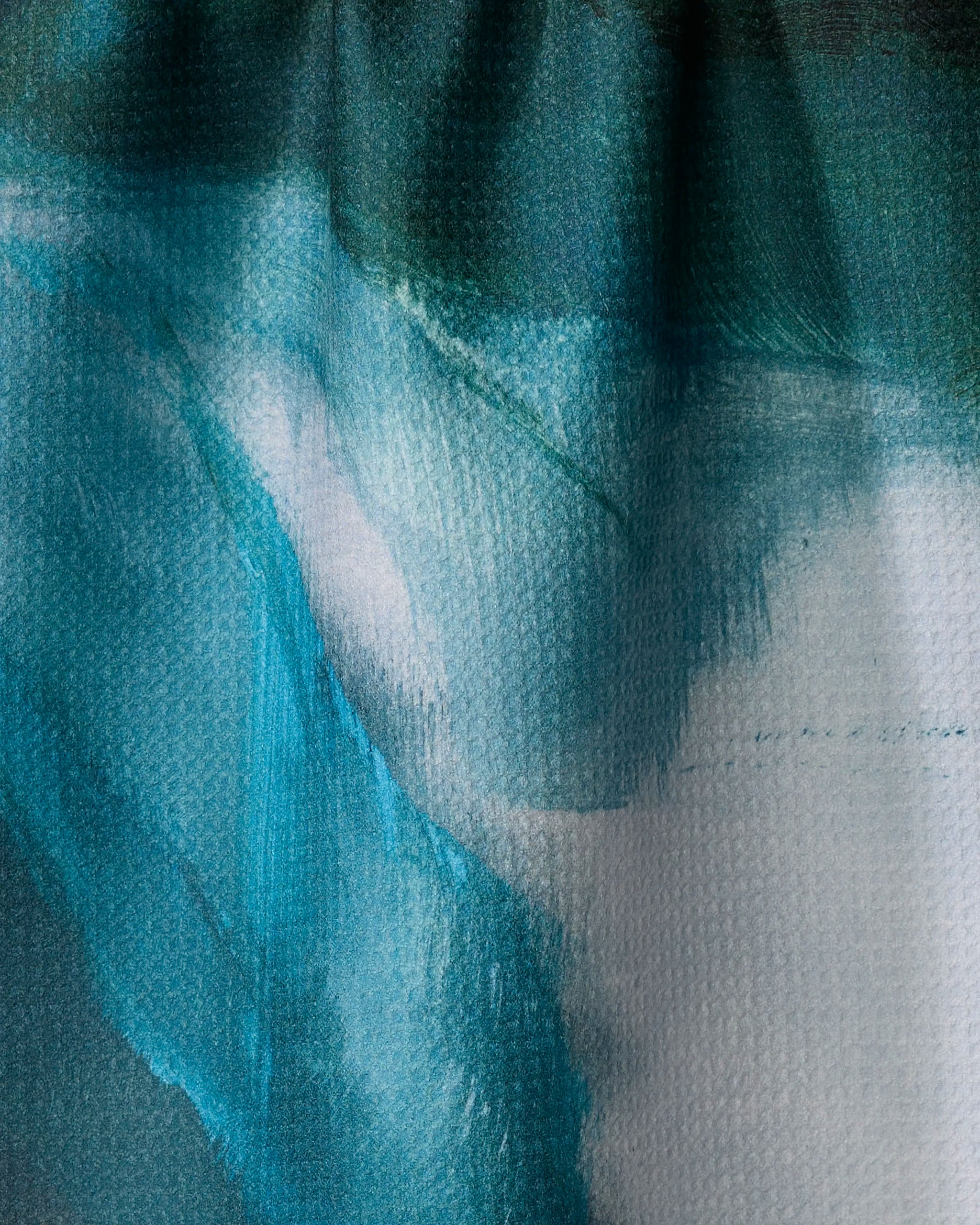 The Air We Breathe by Jennifer Janesko is an abstract painting with swirling blue, teal, and white hues, capturing textured fluidity and watercolor-like blending in a visually striking composition.