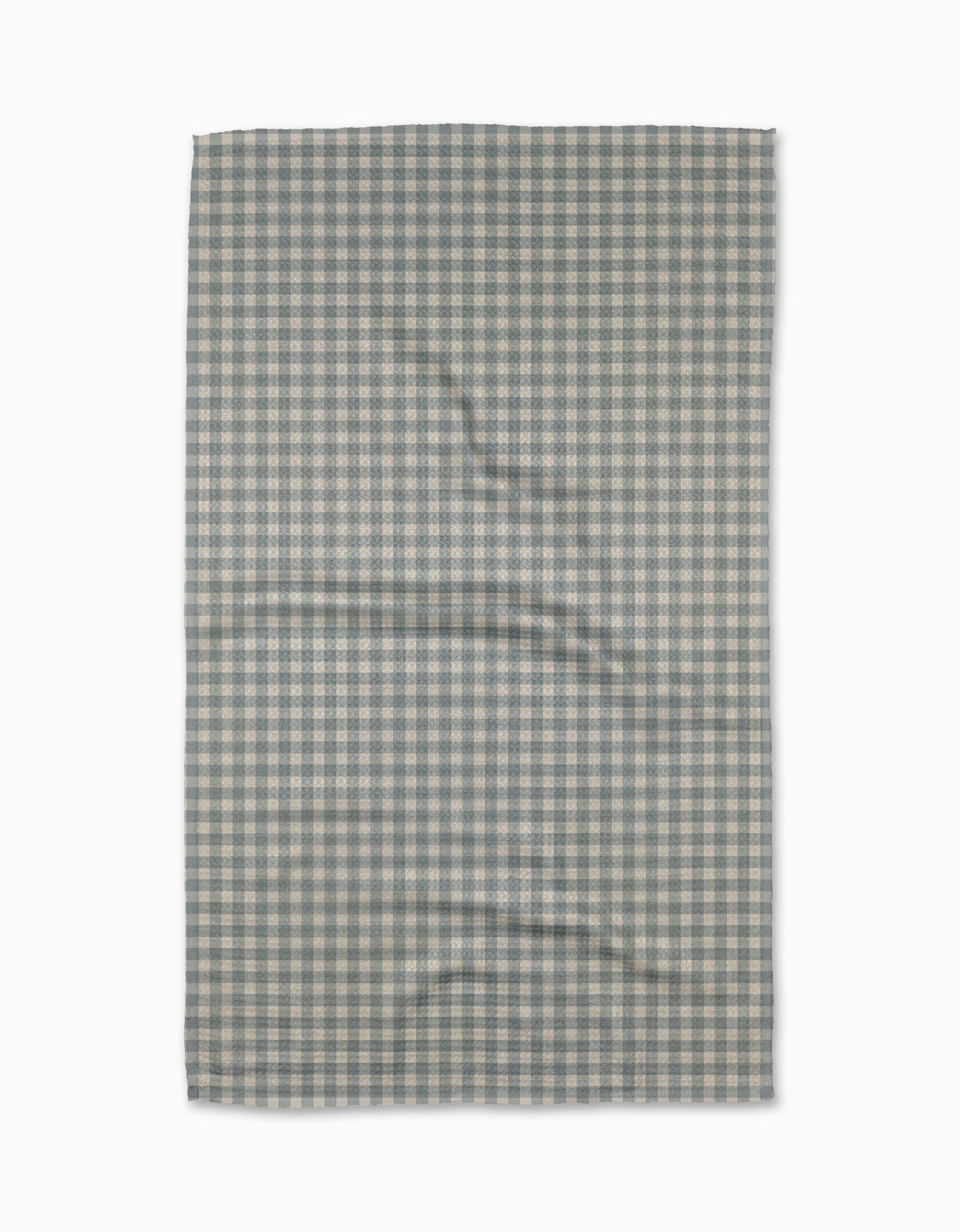The Jenny Keller Tidepool Check is a rectangular recycled kitchen towel featuring a small blue and white gingham checkered pattern, slightly wrinkled and laid flat on a white background.