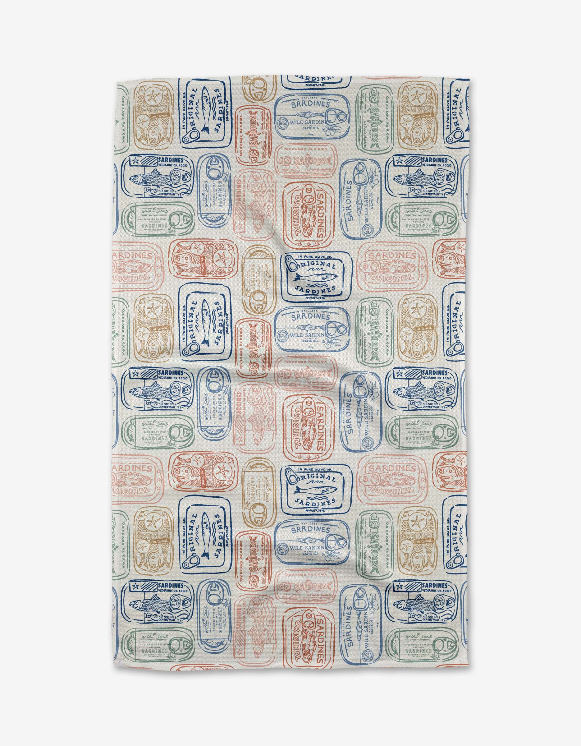 The Tinned Sardines Tea Towel by Hufton Studio features a colorful pattern of sardine cans in blue, red, and green on white Geoweave fabric, offering exceptional absorbency and durability.