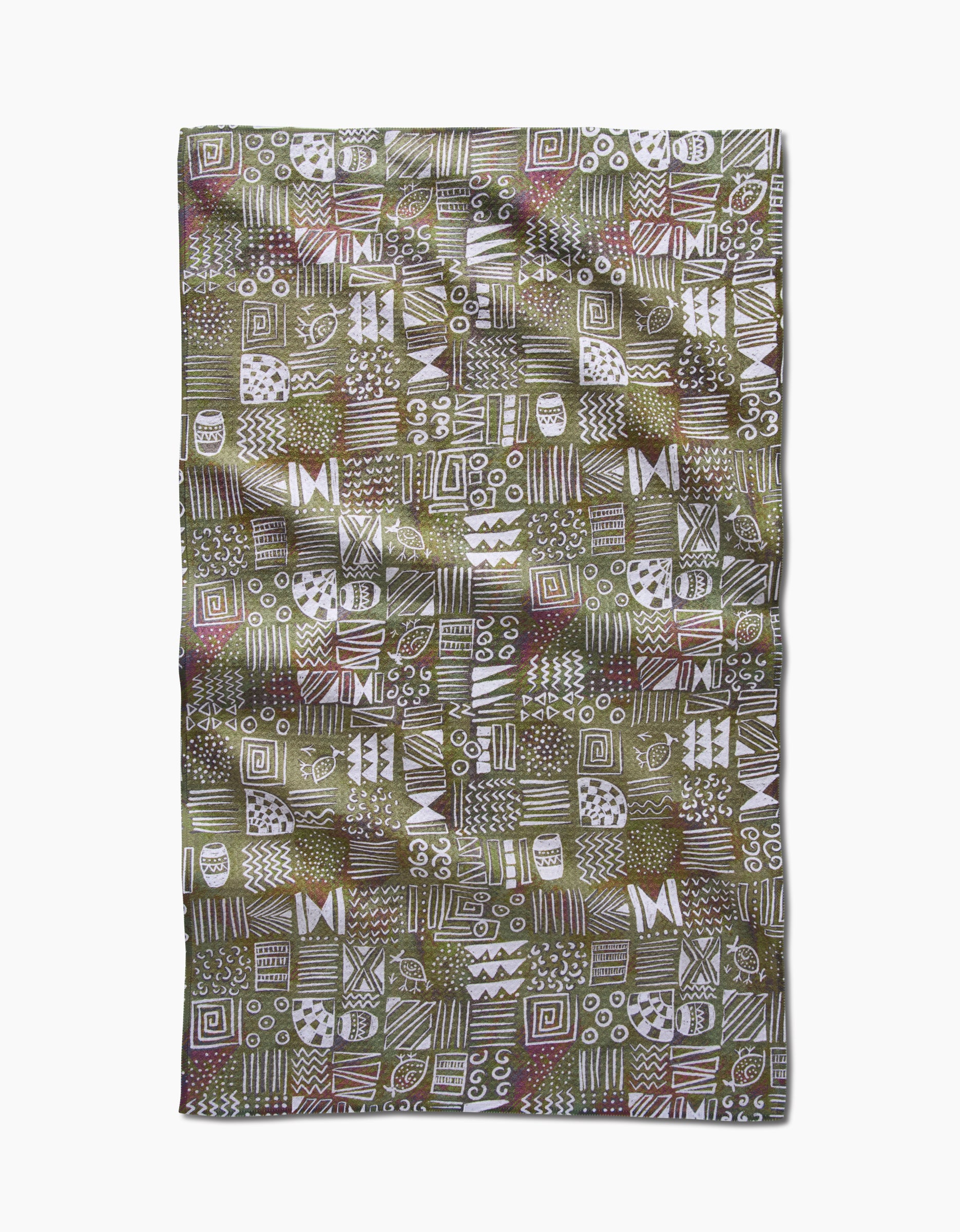 The Taryn Brennan Tribal Symbols tea towel is a rectangular Geoweave fabric with a green background, displaying white hand-drawn geometric and abstract patterns in squares, and is crafted from recycled materials.