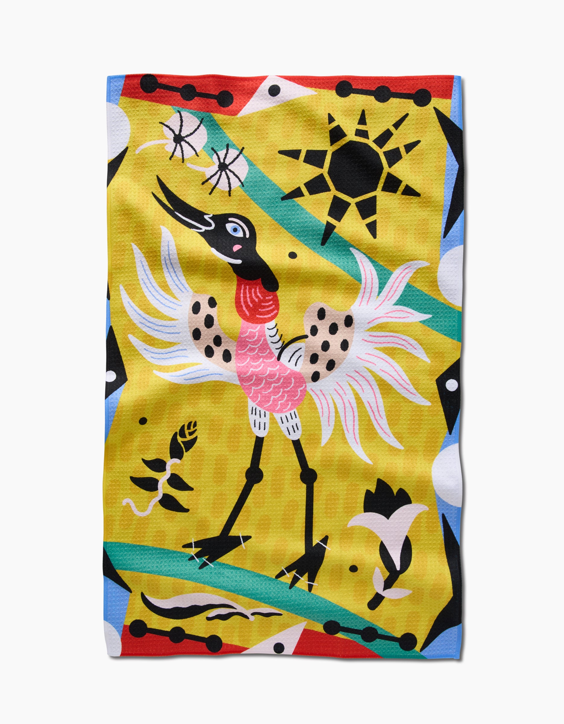 The Camila Leão Tuiuiú Tea Towel features a colorful abstract crane with pink wings, sun, flowers, fish, and dragonflies on yellow Geoweave fabric for extra absorbency.