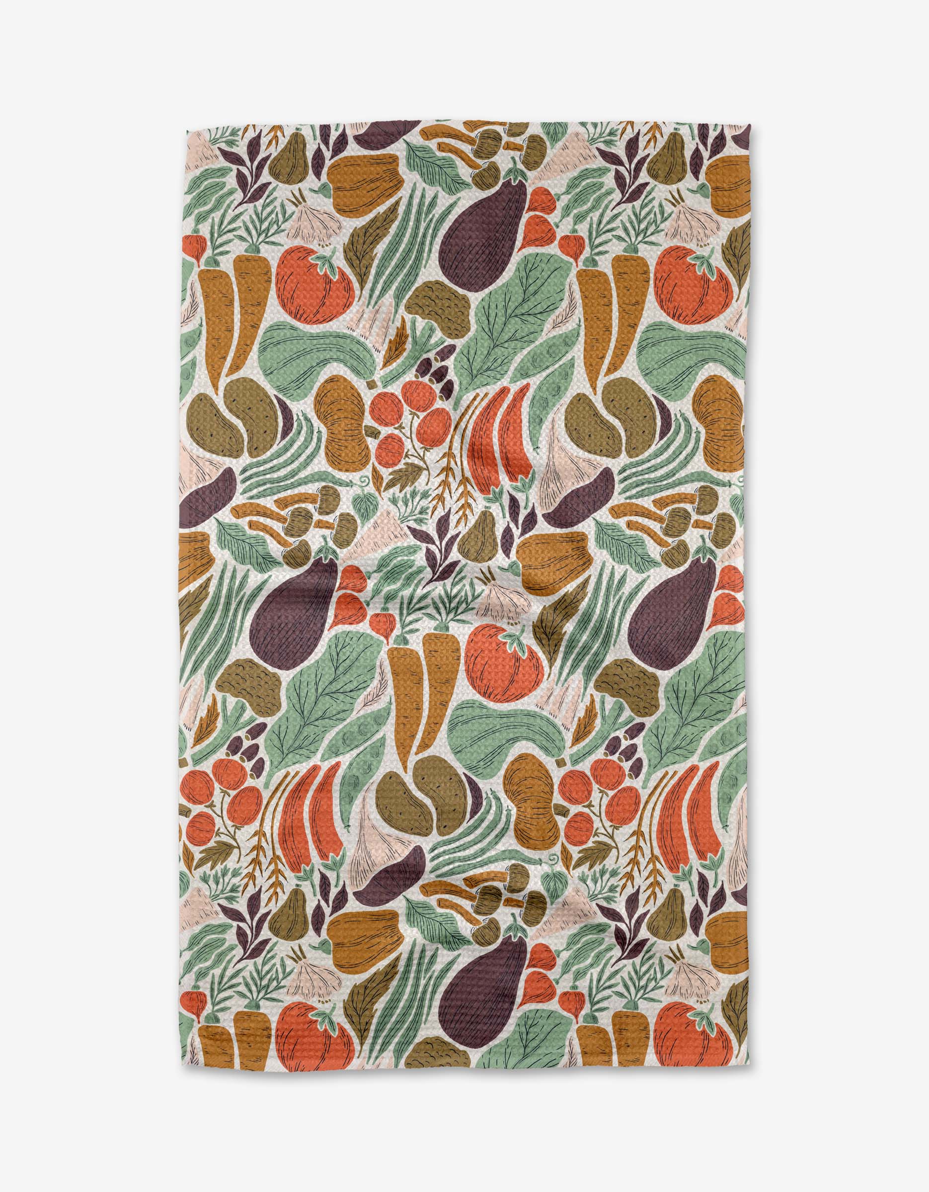 The Twila tea towel by Amy MacCready showcases a vibrant, repeating vegetable pattern in green, orange, purple, and brown on durable Geoweave fabric for enhanced absorbency.