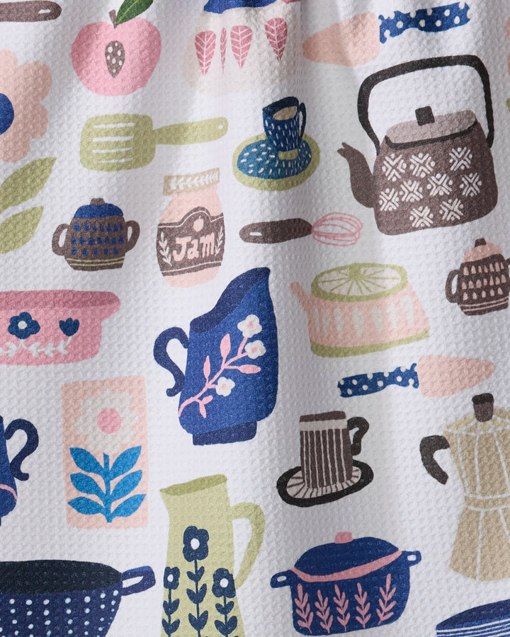 Utensils" by Cottonflower Studio showcases a vibrant kitchen-themed pattern with teapots, cups, jam jars, and utensils on white—ideal for tea towels or eco-friendly crafts.
