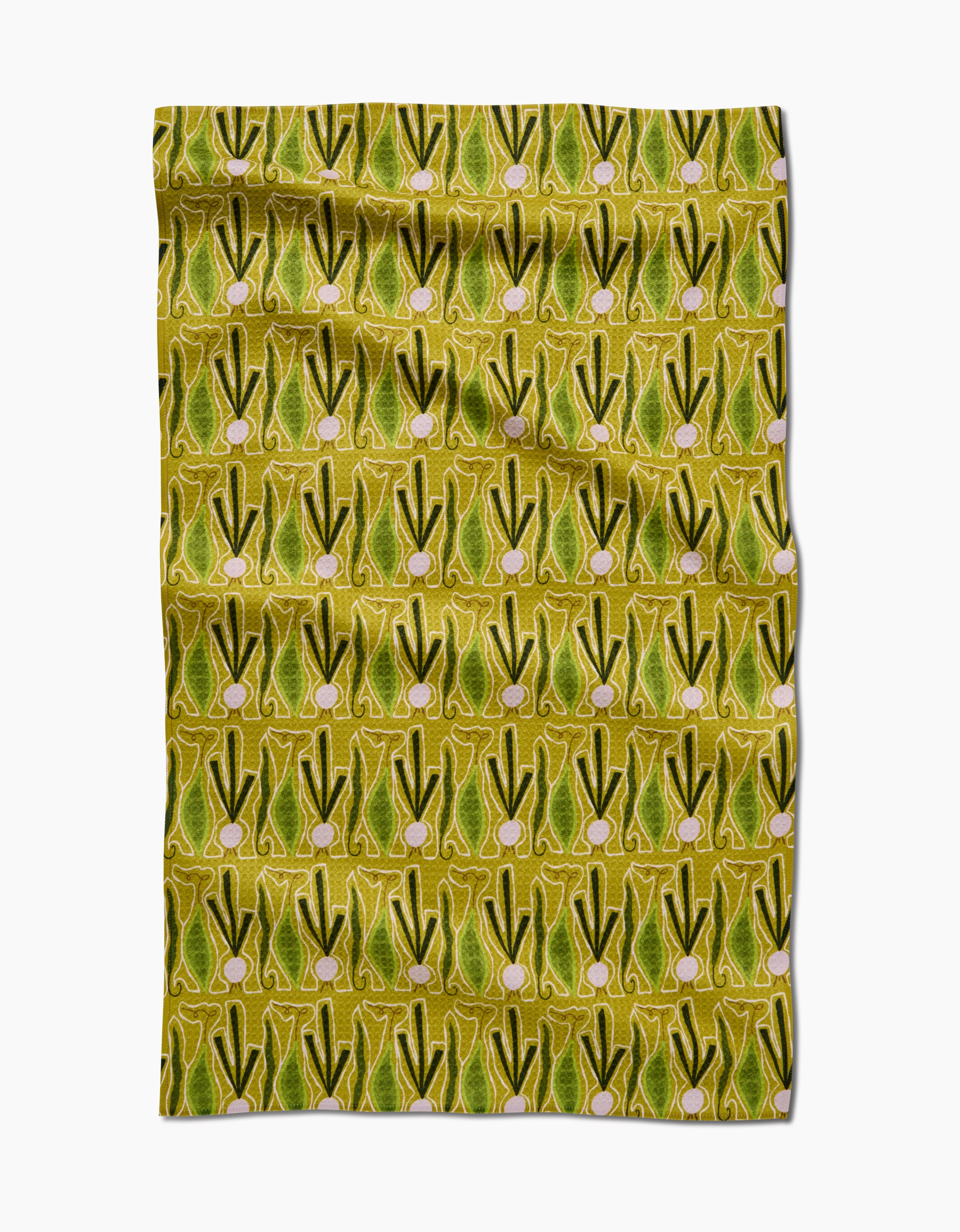 Veg on Parade by Lizzie Clark is a patterned Geoweave fabric made from recycled materials, featuring rows of abstract green and yellow shapes with pink circular accents in a repeating geometric design on a yellow background.