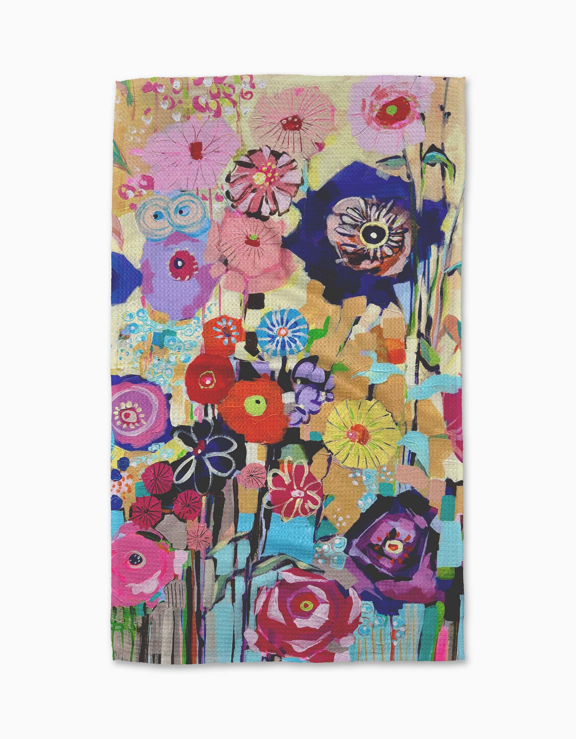 The "Vera" kitchen towel by Ania Zwara Art features a vibrant abstract floral design in pink, purple, red, blue, and yellow on beige. Bold shapes and patterns create a cheerful, artistic accent—perfect as a decorative tea towel.
