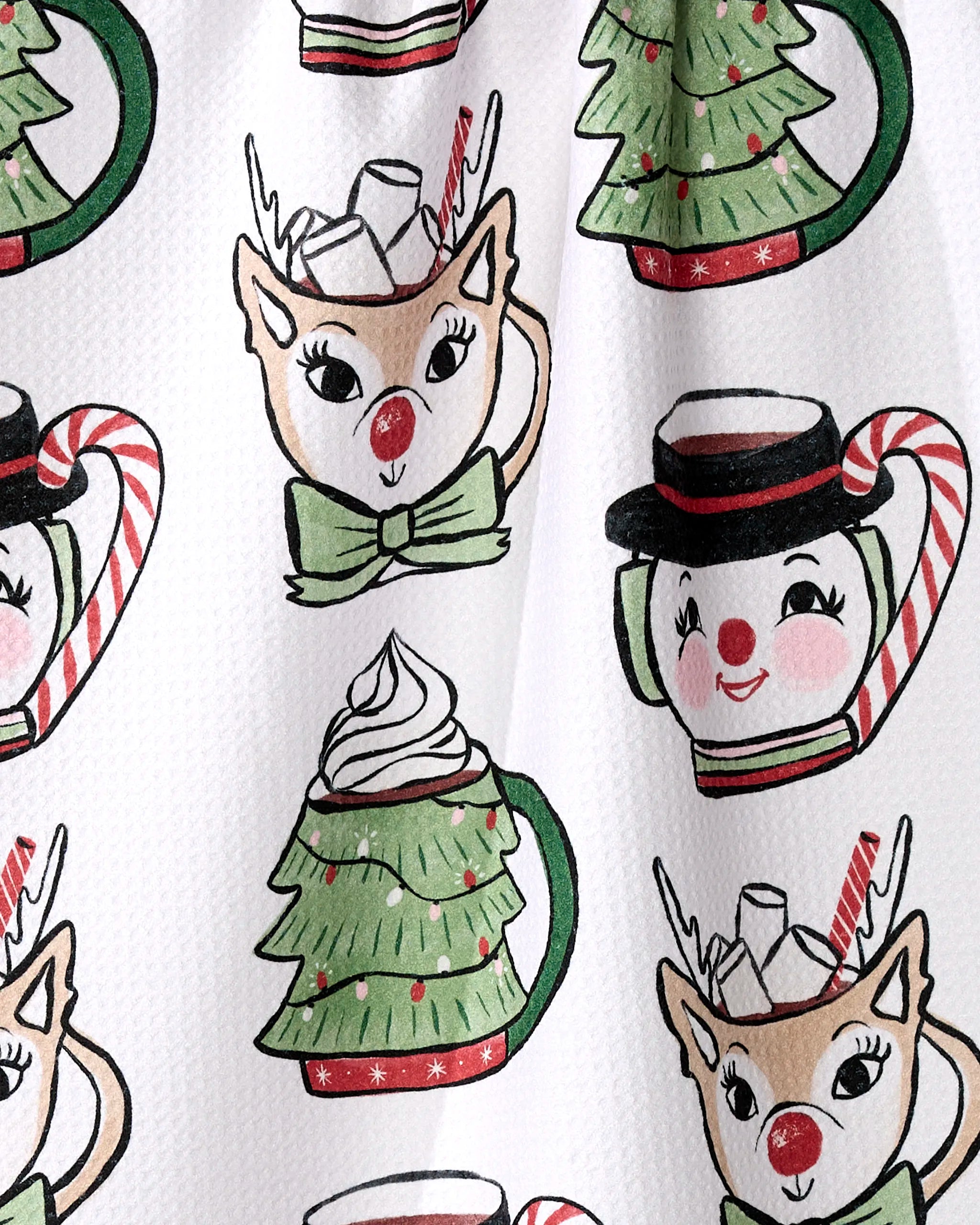 The Louise Pretzel "Vintage Mugs" tea towel features festive cartoon mugs shaped like a reindeer, Christmas tree with whipped cream, and snowman in red, green, and white holiday colors.