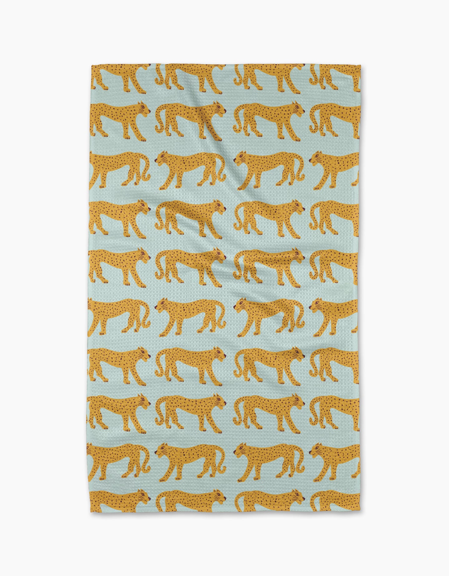 The Walking Cheetah tea towel by Jasmine Blooms Designs features a light blue background with a repeating pattern of stylized yellow cheetahs with black spots walking in alternating directions.