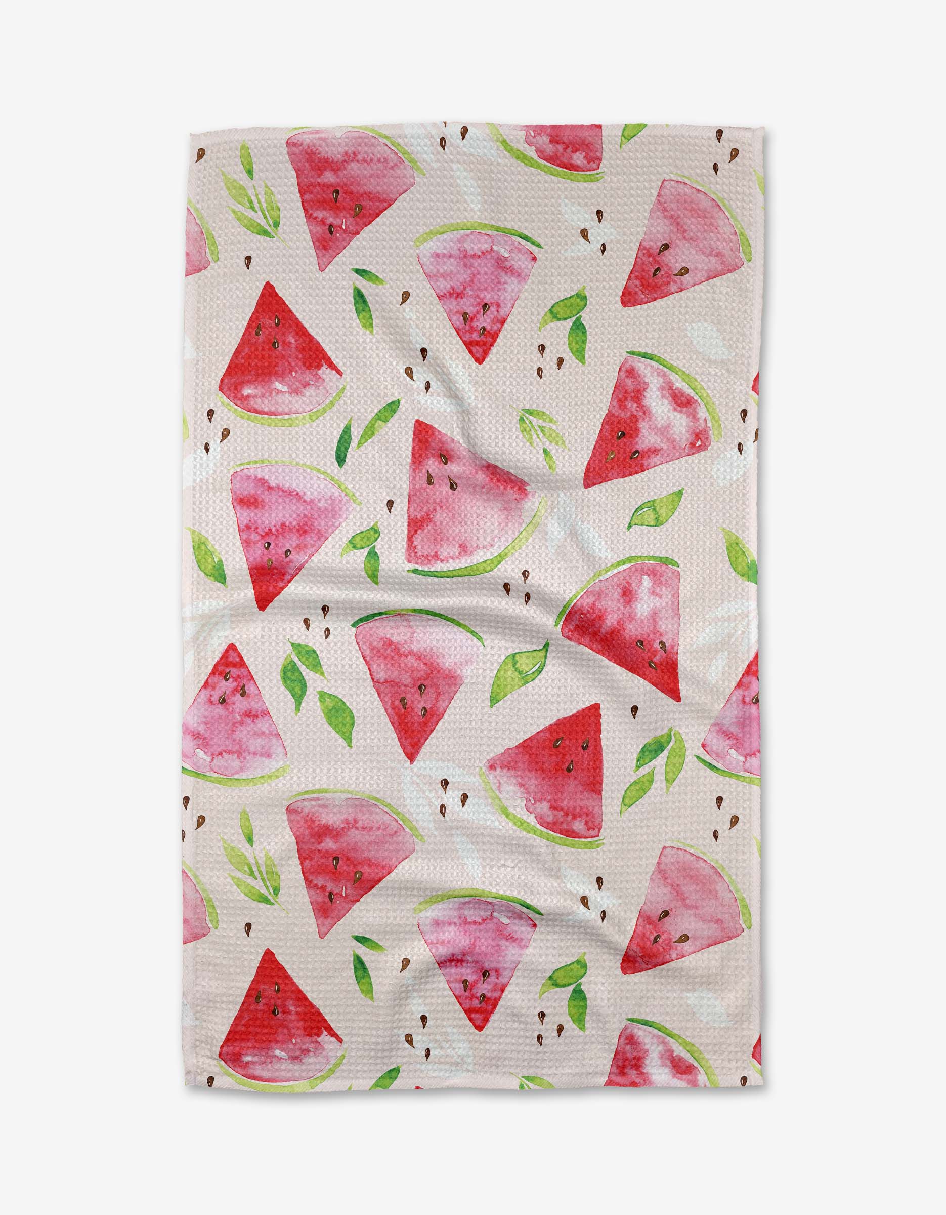 The Elena Fay Watermelon Slice Tea Towel is white with a watercolor watermelon and green leaf pattern, made from recycled materials for an eco-friendly touch.