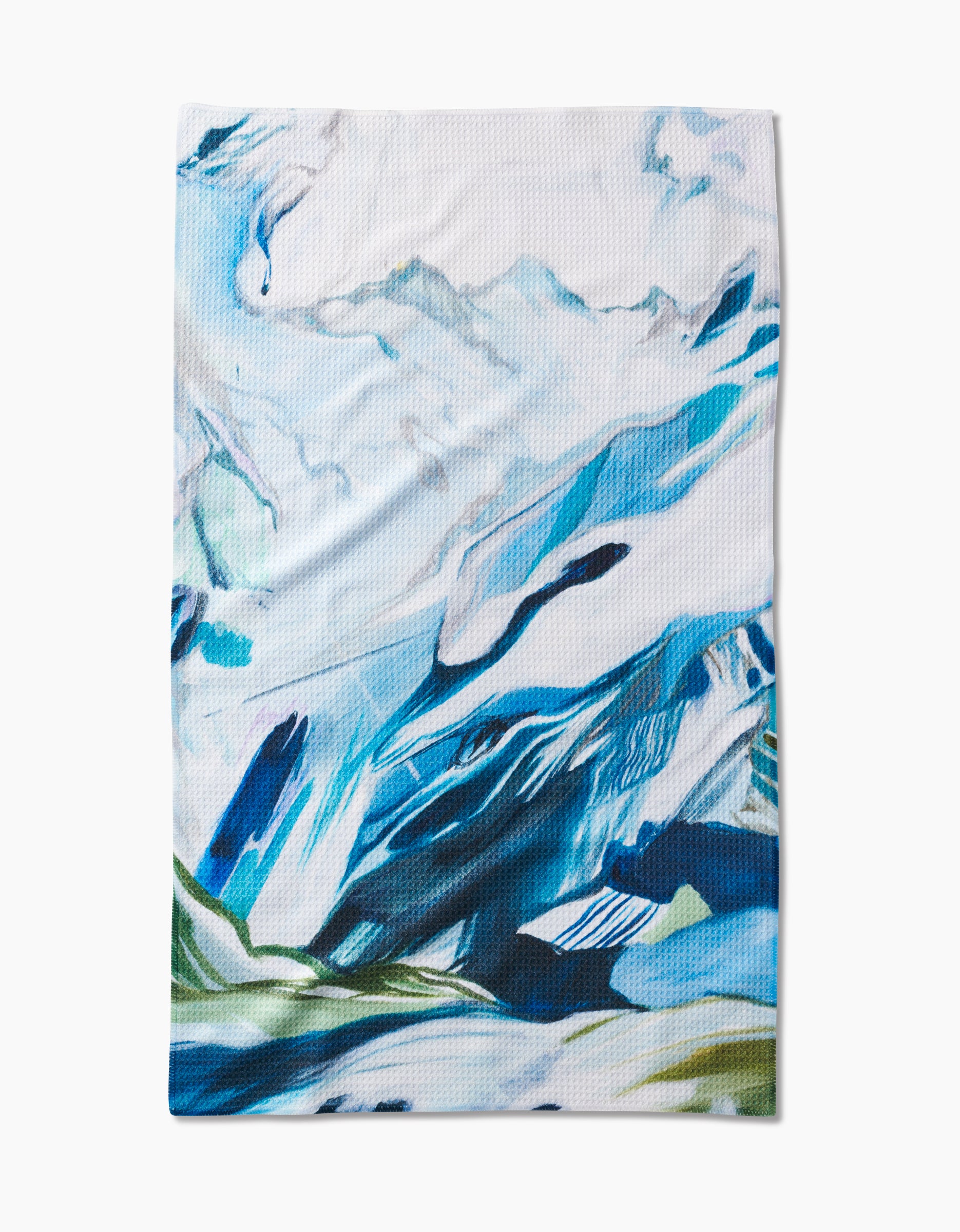 The Where He Laid To Go tea towel by Kelly Peters features an abstract mountain landscape in blue, white, and green brushstrokes on Geoweave fabric, evoking snow-capped peaks and grassy areas.