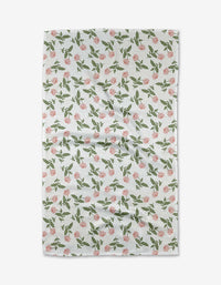 The Danelys Sidron Wildflower Vine Blush tea towel is white, made with ultra-absorbent Geoweave fabric, and features a textured design of pink flowers and green leaves in a repeating pattern across the surface.