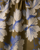 A close-up of Geometry’s Wildshade quick-drying fabric shows textured folds and shadows, displaying large white and blue leaves against an olive-green background.
