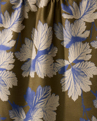 A close-up of Geometry’s Wildshade quick-drying fabric shows textured folds and shadows, displaying large white and blue leaves against an olive-green background.