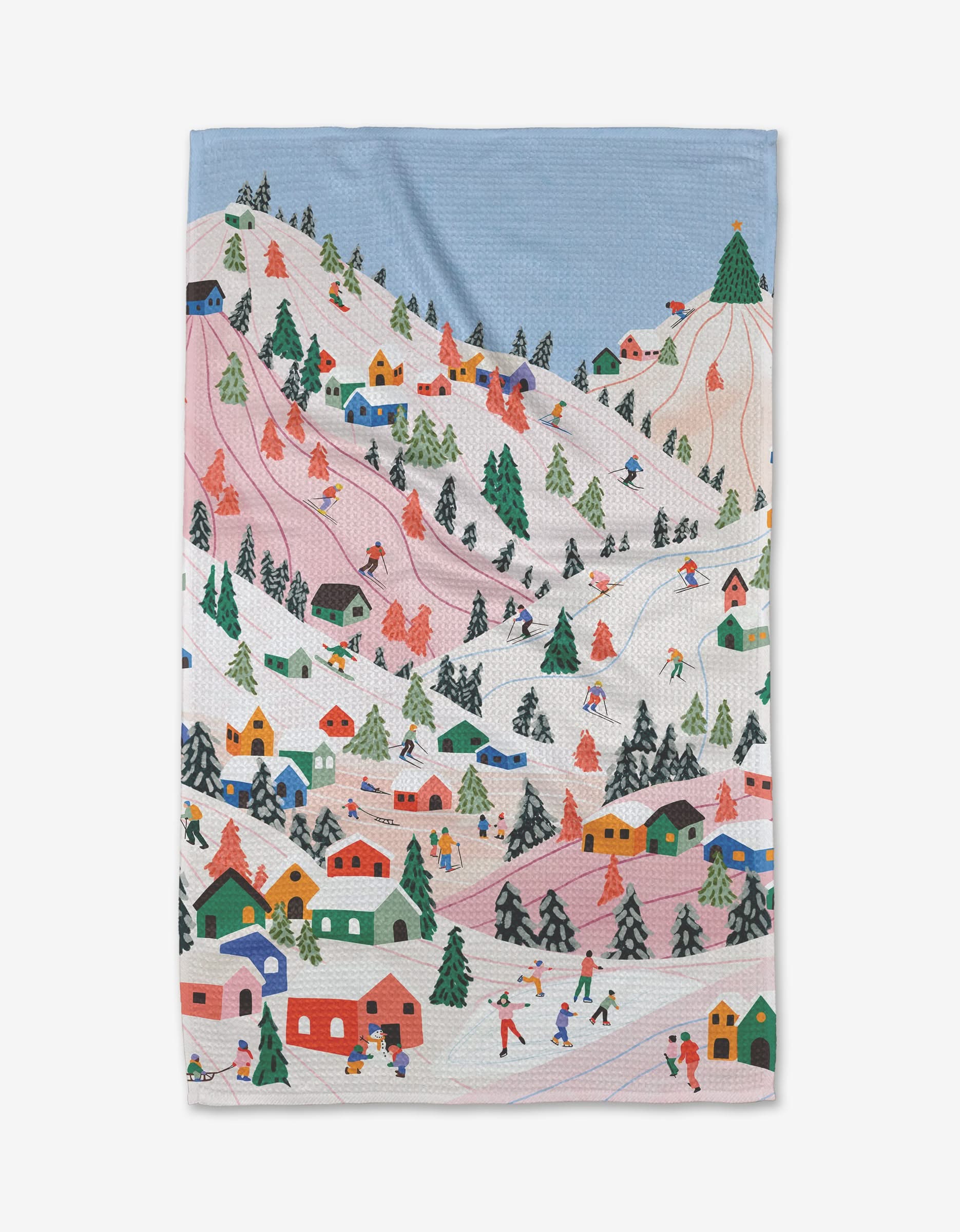 Winter Holiday by Ceyda Alasar features a vibrant snowy village with skiers and pine trees—an ideal design for a tea towel or ultra-absorbent towel to add color and charm to your kitchen.