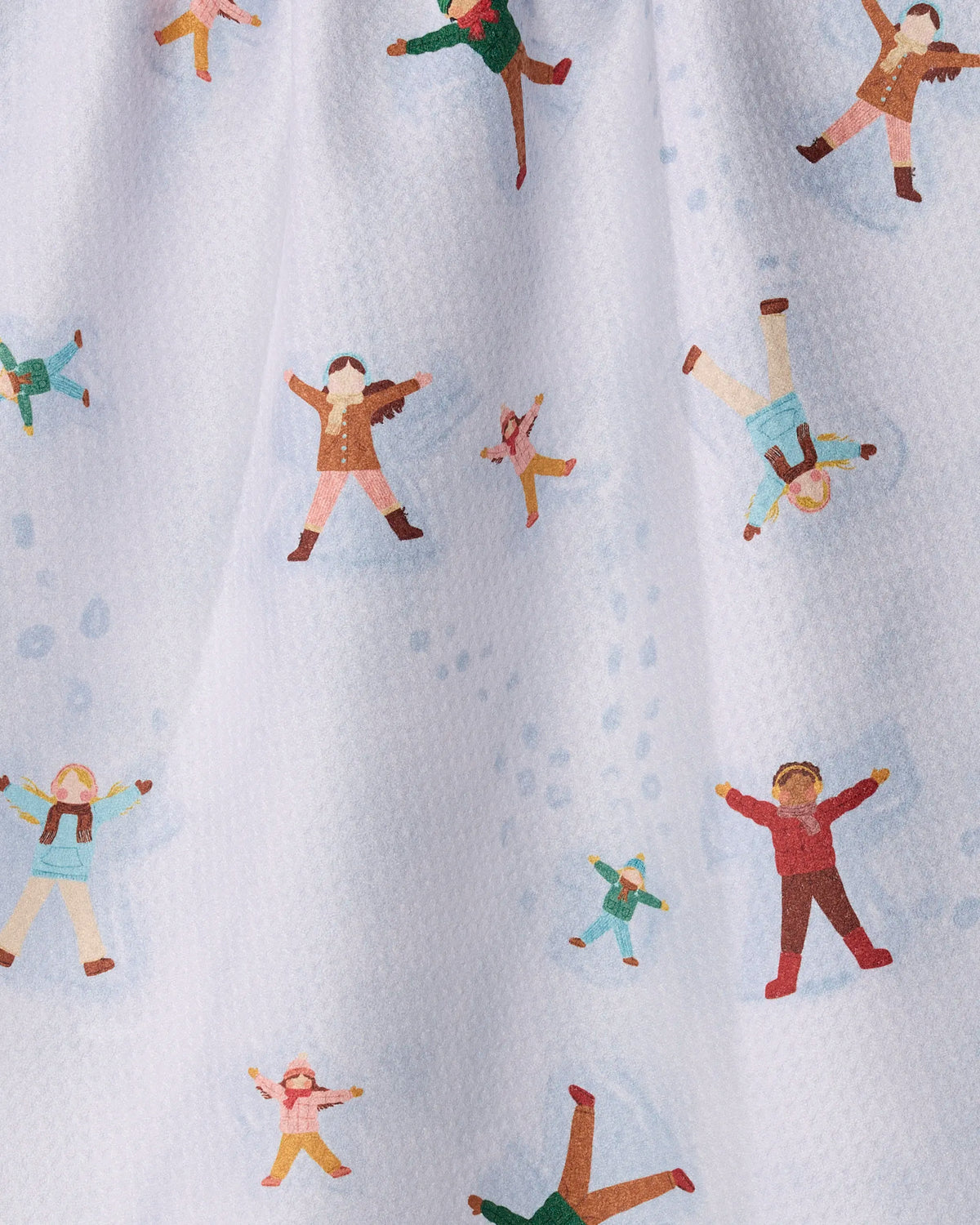 Illustration of children making snow angels on a white background, featuring various poses and colorful winter clothing, inspired by the playful patterns of Geometry’s “Winter Whimsy” tea towel crafted from soft Geoweave fabric.
