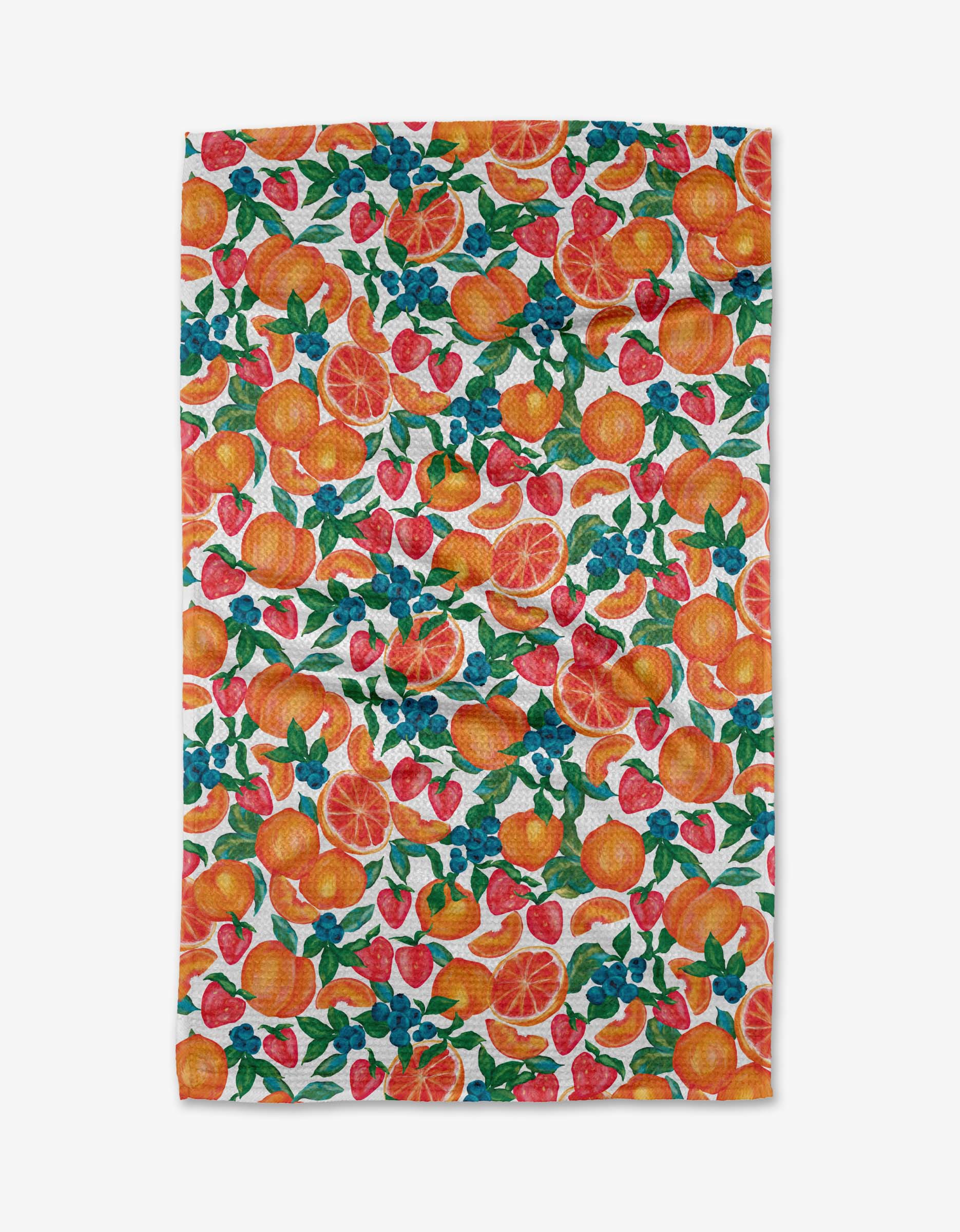 The Zesty Life tea towel by Aubrey Fairchild showcases a lively print of oranges, strawberries, and green leaves on white, expertly made from recycled materials.