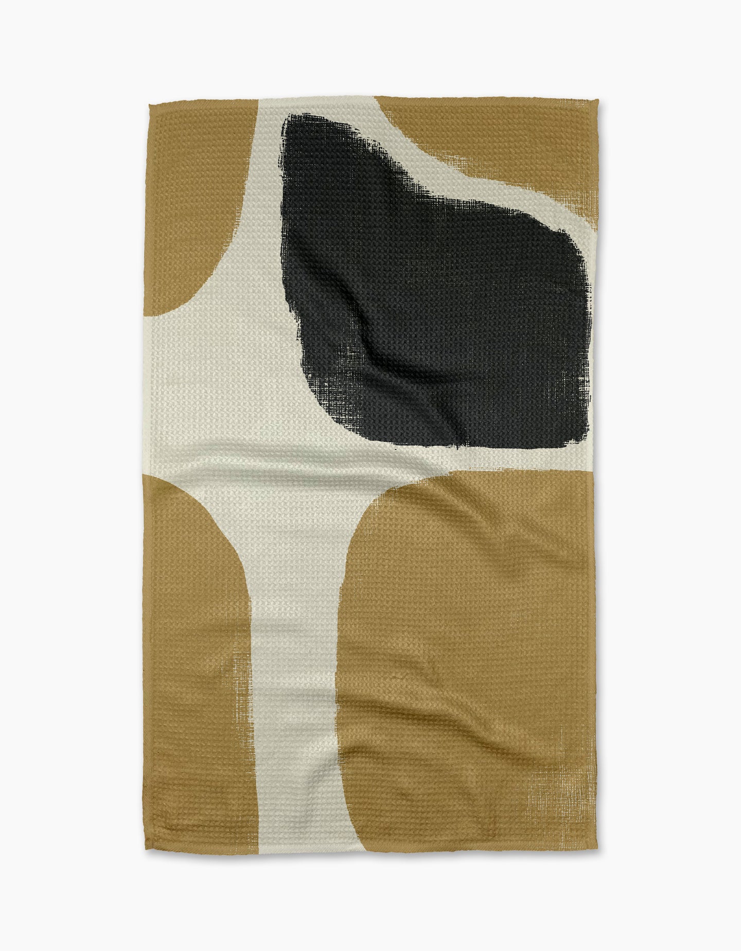 Geometrys Bend tea towel is a rectangular, ultra-absorbent piece featuring an abstract design with beige, tan, white, and a bold black brushstroke. Curved color blocks add a modern flair.