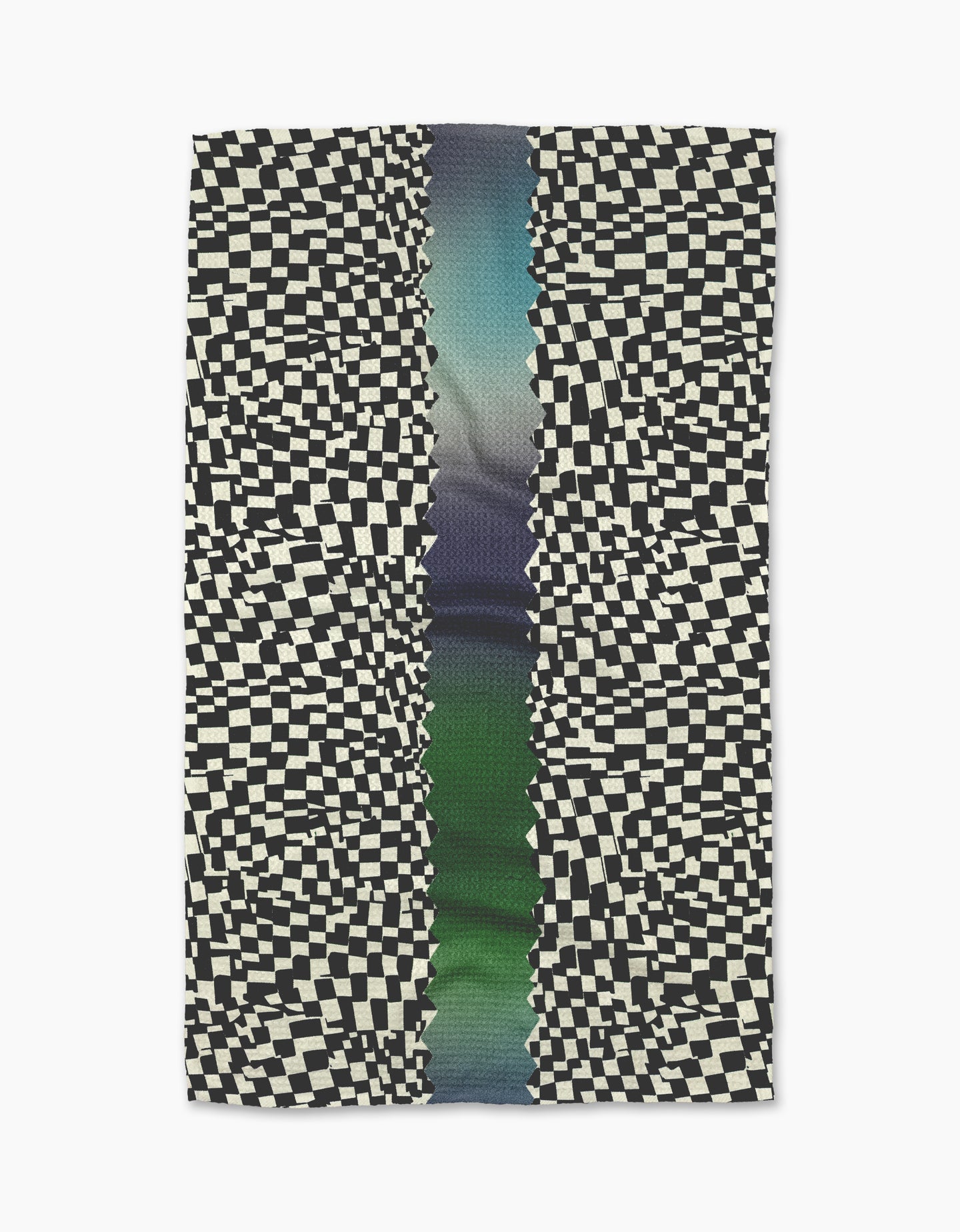 Geometrys Current dish towel is rectangular and ultra-absorbent, featuring a distorted black-and-white checkerboard pattern on both sides with a central vertical stripe in blended green, blue, and purple tones.