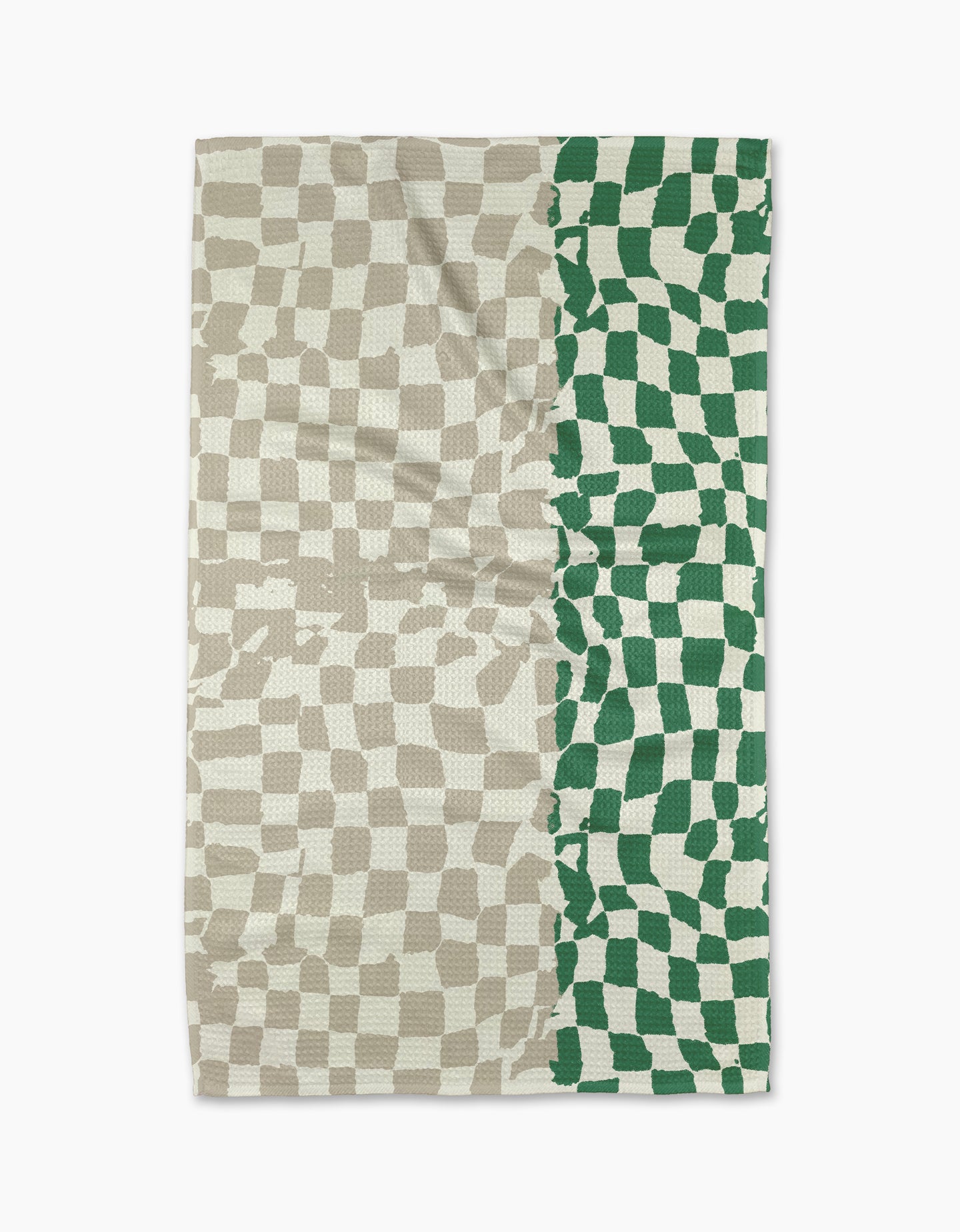 The Dual tea towel by Geometry features a wavy checkerboard pattern: beige and off-white cover the left three-quarters, while green and off-white fill the right quarter. Made from slightly wrinkled fabric, it blends style with practicality.