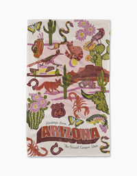 The Greetings From Arizona tea towel by Geometry showcases Arizona-themed illustrations—cacti, snakes, a roadrunner, and Route 66—on soft Geoweave fabric for a vibrant kitchen accent.