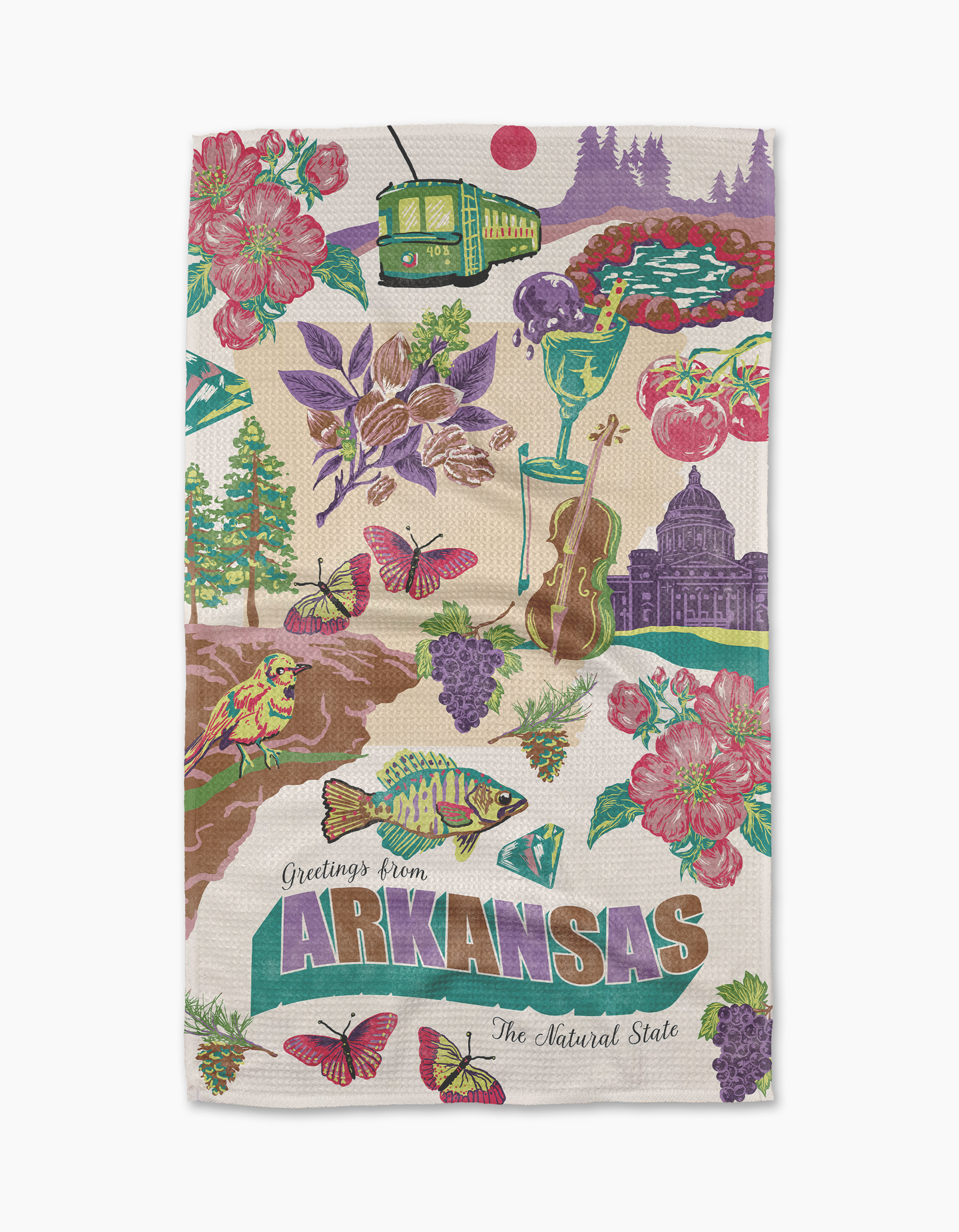 Geometry’s “Greetings From Arkansas” tea towel features vibrant illustrations of Arkansas symbols and “Greetings from ARKANSAS The Natural State.” Made from recycled materials for a cheerful, eco-friendly touch.