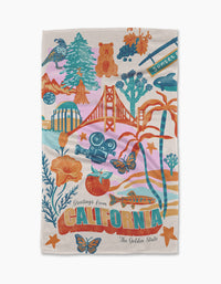 Bright illustration of California icons—Golden Gate Bridge, bear, film camera, poppies, and more—printed on premium Geoweave fabric for the unique Geometry Greetings From California Tea Towel.