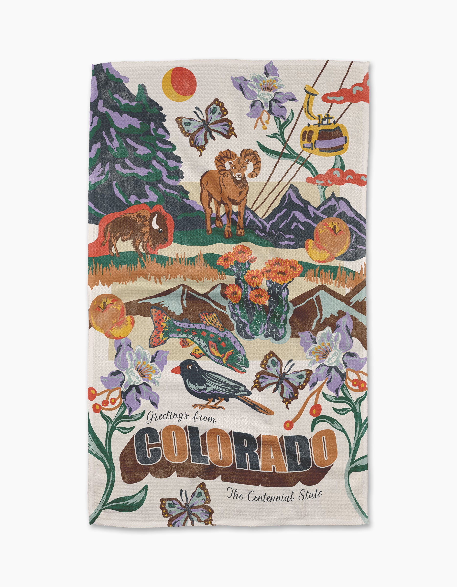 The Geometry "Greetings From Colorado" tea towel showcases vibrant Colorado wildlife, mountains, wildflowers, butterflies, a cable car, and bold "Greetings from COLORADO The Centennial State" text at the bottom.