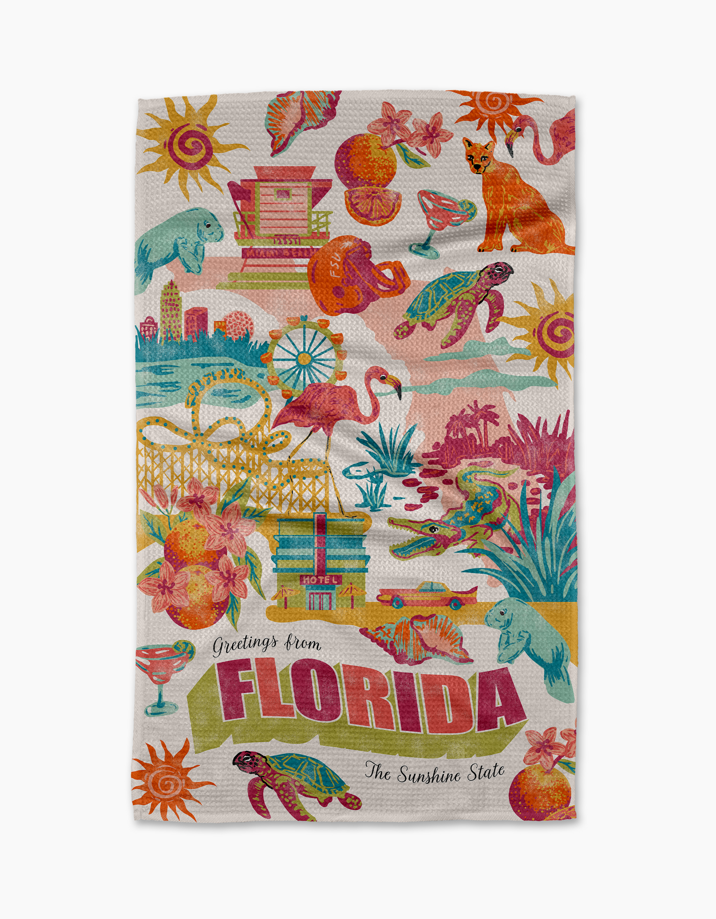 The Geometry Greetings From Florida tea towel is ultra-absorbent and colorful, featuring Florida icons like flamingos, oranges, palm trees, alligator, sea turtle, sun, beach scenes, and “Greetings from FLORIDA The Sunshine State” text.