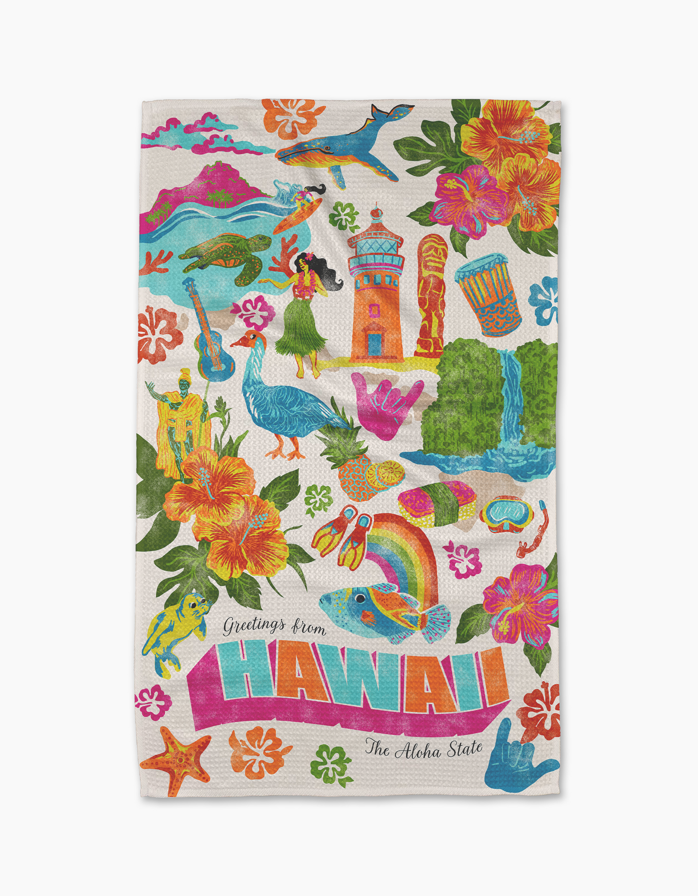 The Geometry Greetings From Hawaii kitchen towel is made from recycled materials and features colorful Hawaiian-themed illustrations: flowers, rainbow, sea creatures, volcano, and “Greetings from HAWAII The Aloha State.”.