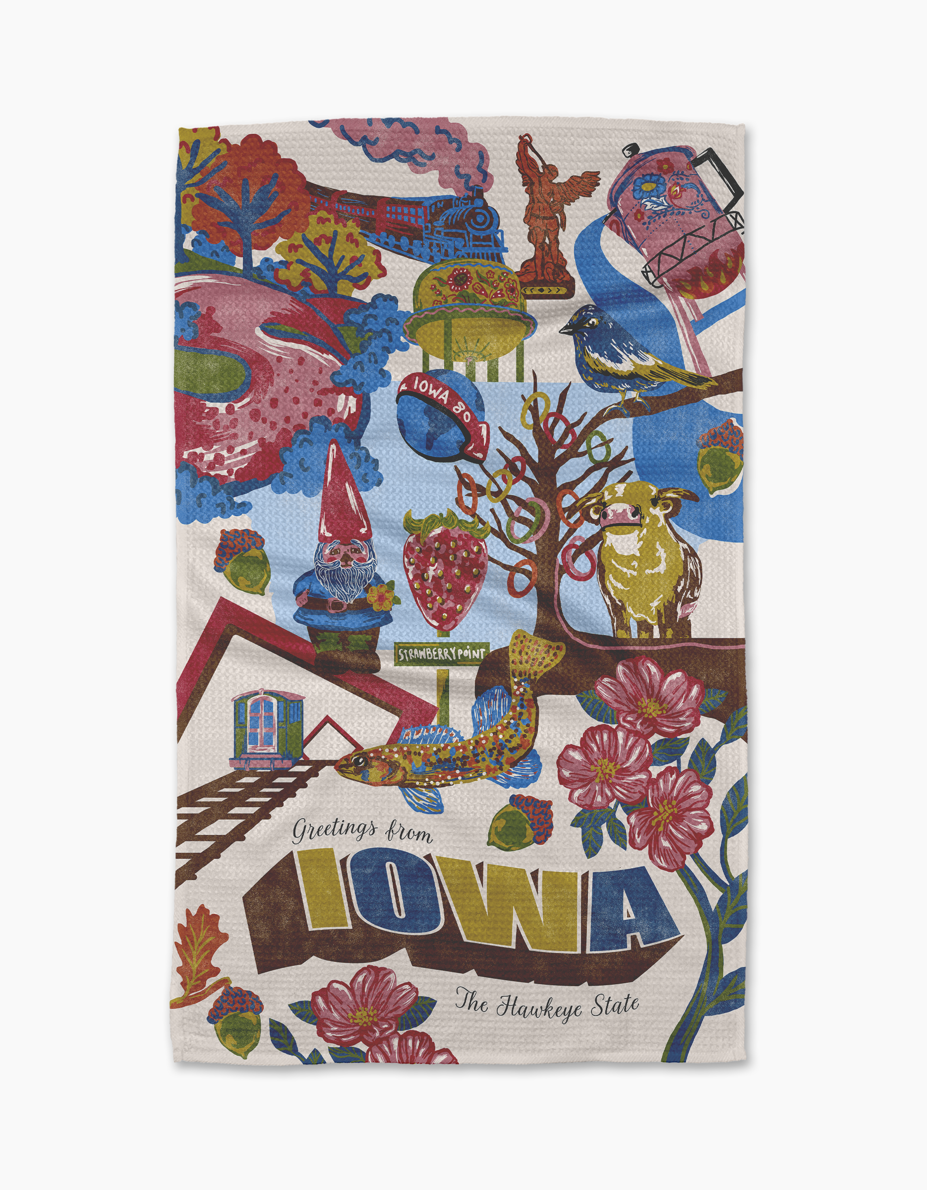 The Geometry "Greetings From Iowa" kitchen tea towel showcases Iowa landmarks, a gnome, bird, flowers, cow, barn, and strawberries with "Greetings from Iowa" and "The Hawkeye State." Made from ultra-absorbent material.